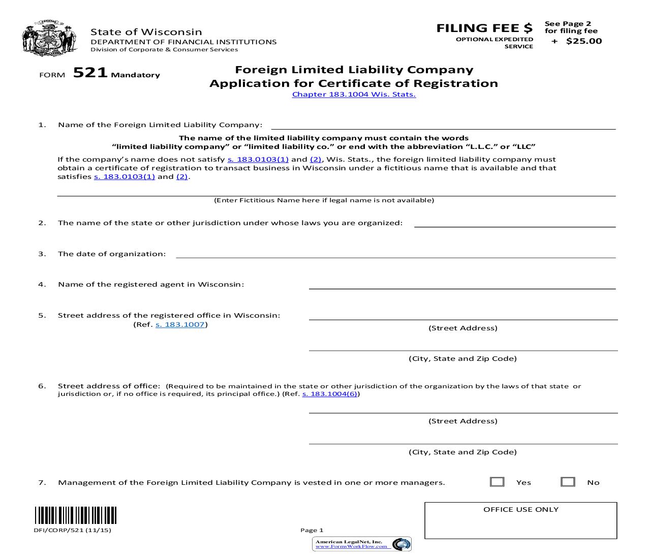 Foreign Limited Liability Company-Certificate Of Registration Application {521} |  | Wisconsin