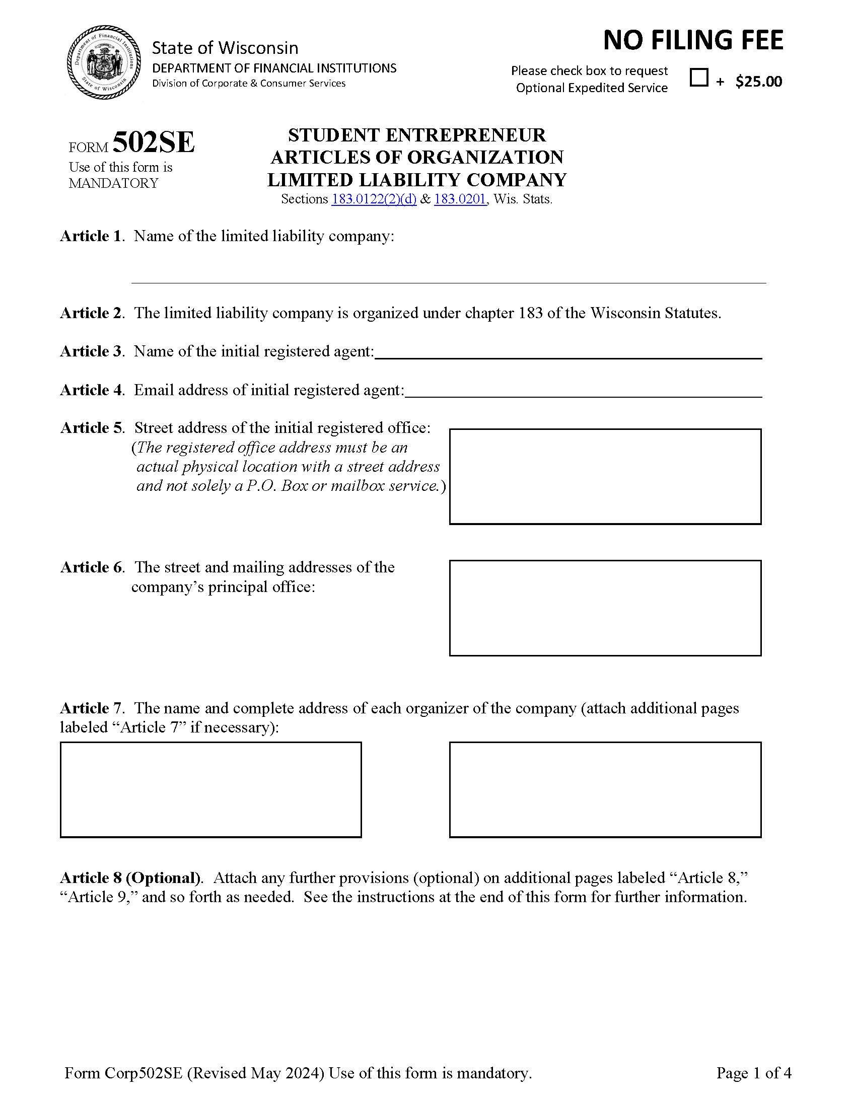 LLC Articles Of Organization Student {502SE} | Pdf Fpdf Docx | Wisconsin