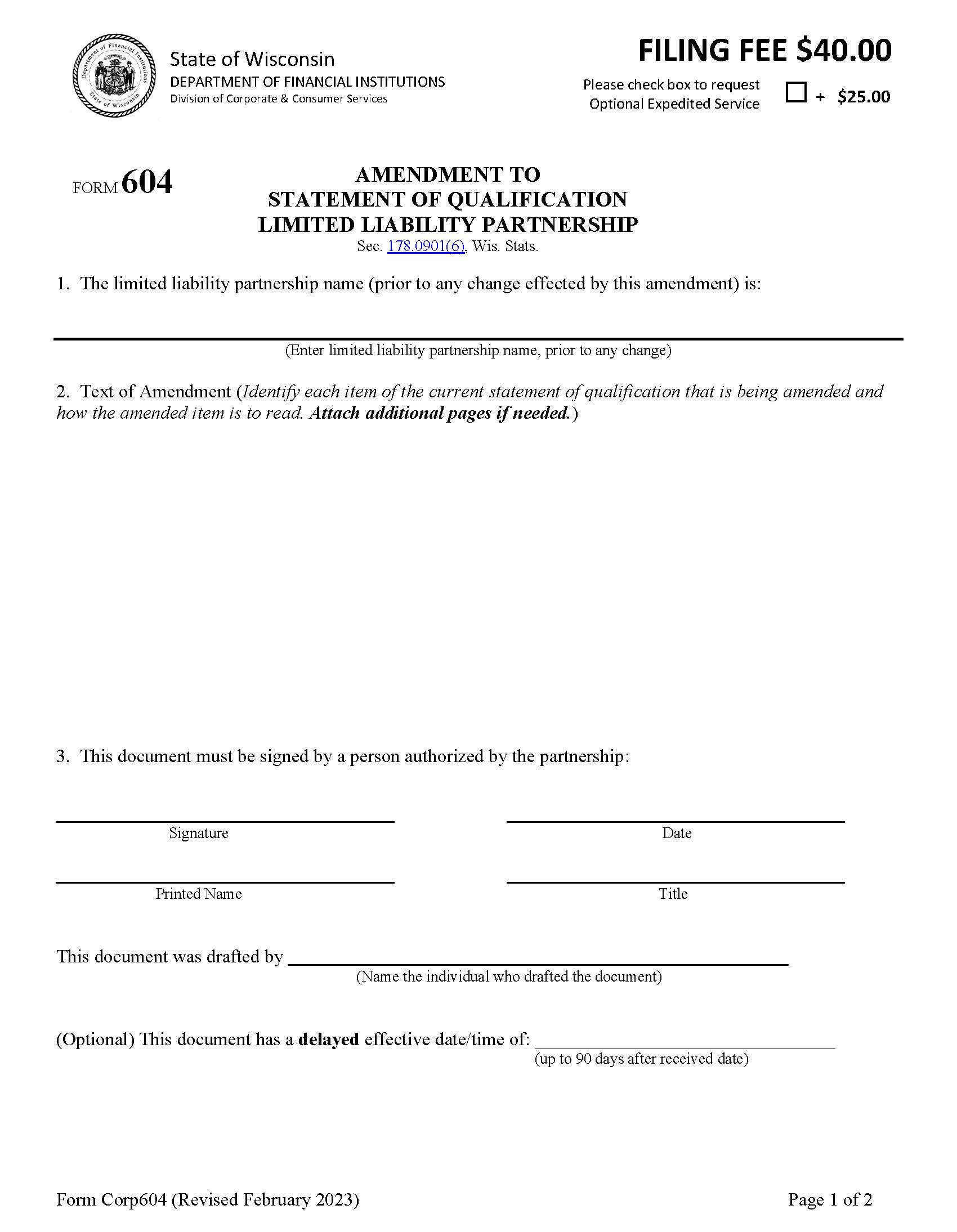 Amendment To Statement Of Qualification {604} | Pdf Fpdf Docx | Wisconsin
