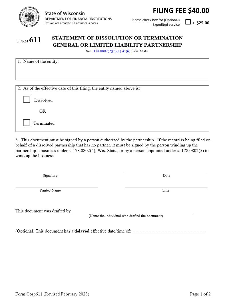 Statement Of Dissolution {611} | Pdf Fpdf Docx | Wisconsin