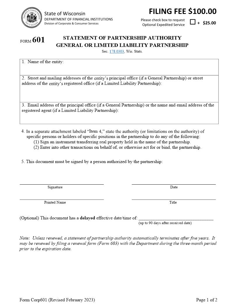 Statement Of Partnership Authority {601} | Pdf Fpdf Docx | Wisconsin