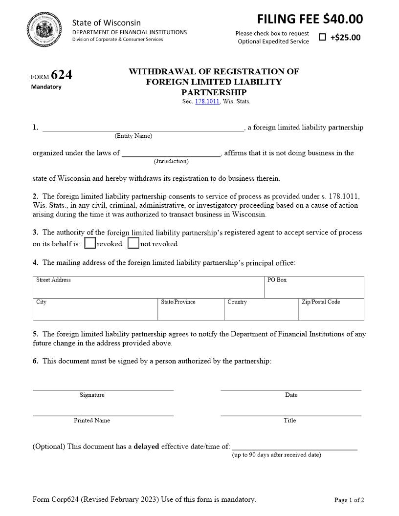 Withdrawal Of Registration (Foreign LLP or Nonstock Corp) {624} | Pdf Fpdf Docx | Wisconsin