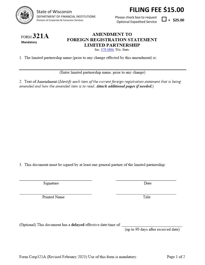 Amendment To Foreign Registration {321A} | Pdf Fpdf Docx | Wisconsin