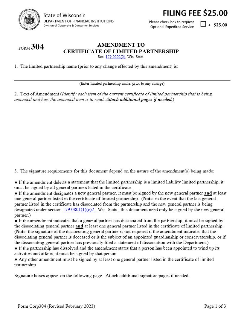 Certficate Of Amendment Domestic Limited Partnership {304} | Pdf Fpdf Docx | Wisconsin