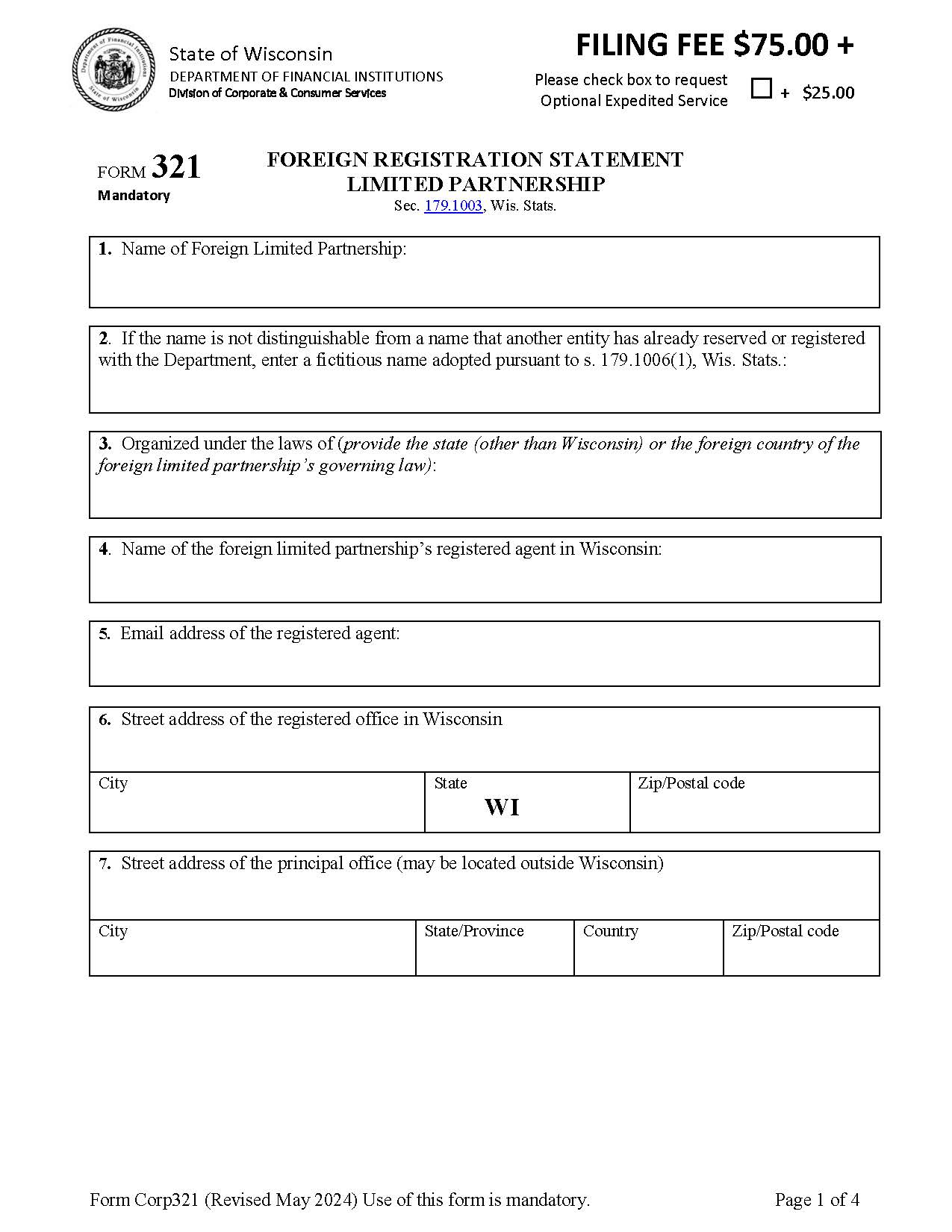 Foreign Limited Partnership Application {321} | Pdf Fpdf Docx | Wisconsin