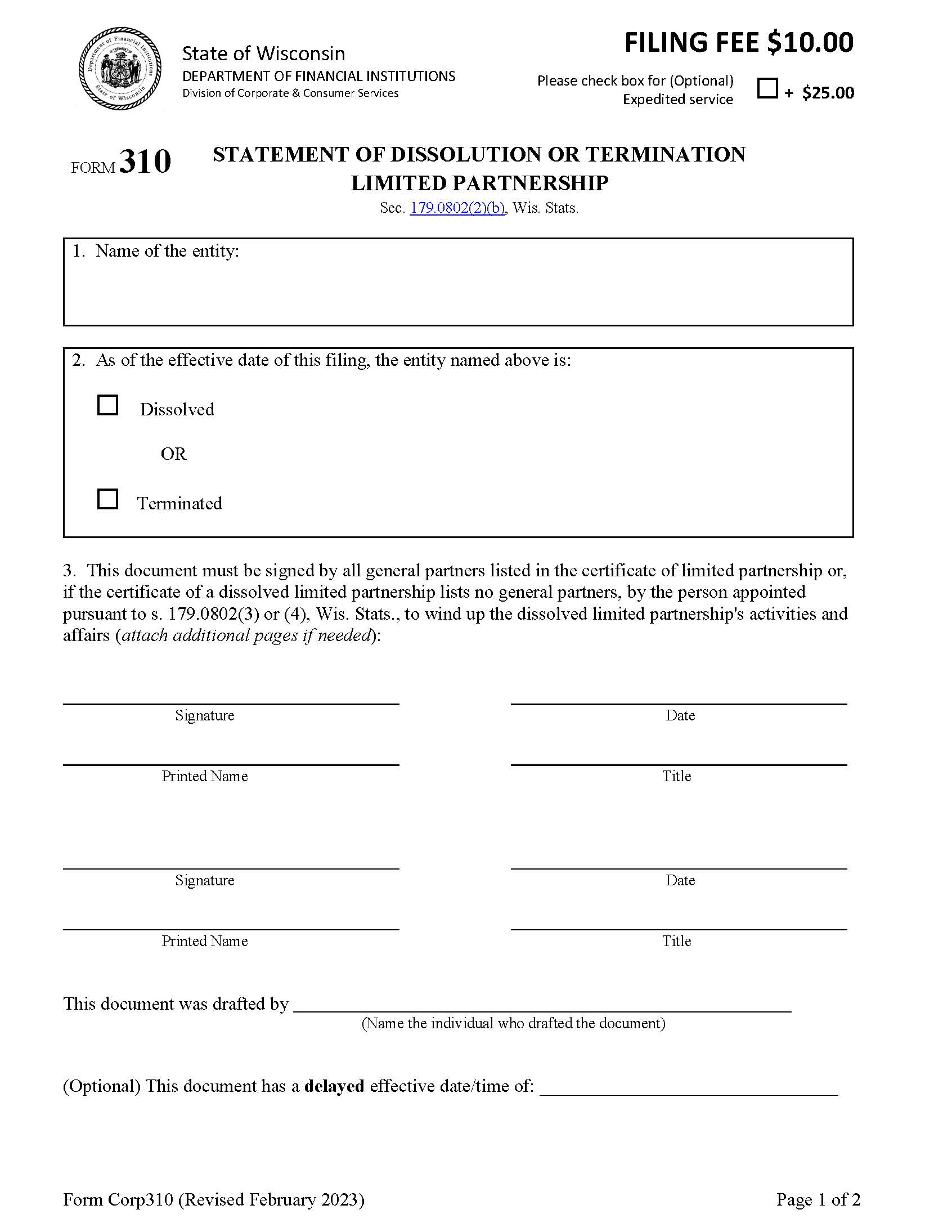 Statement Of Dissolution Or Termination {310} | Pdf Fpdf Docx | Wisconsin