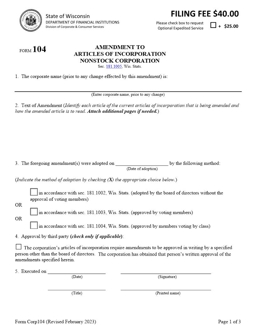 Articles Of Amendment Nonstock Corporation {104} | Pdf Fpdf Docx | Wisconsin