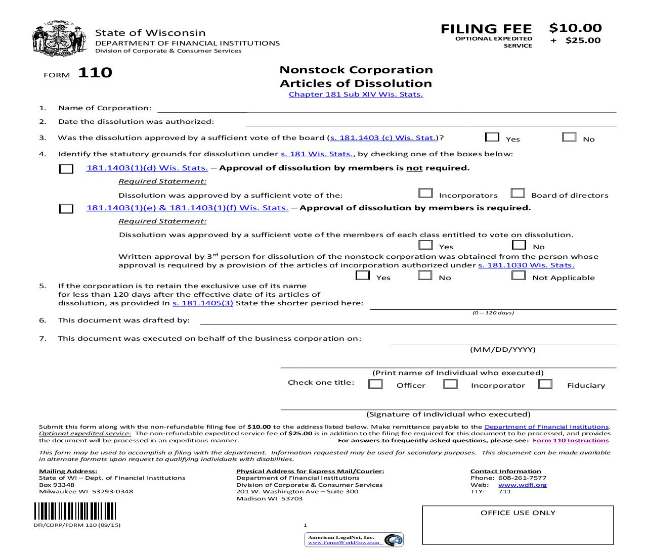 Articles Of Dissolution - Nonstock Corporation {110} |  | Wisconsin