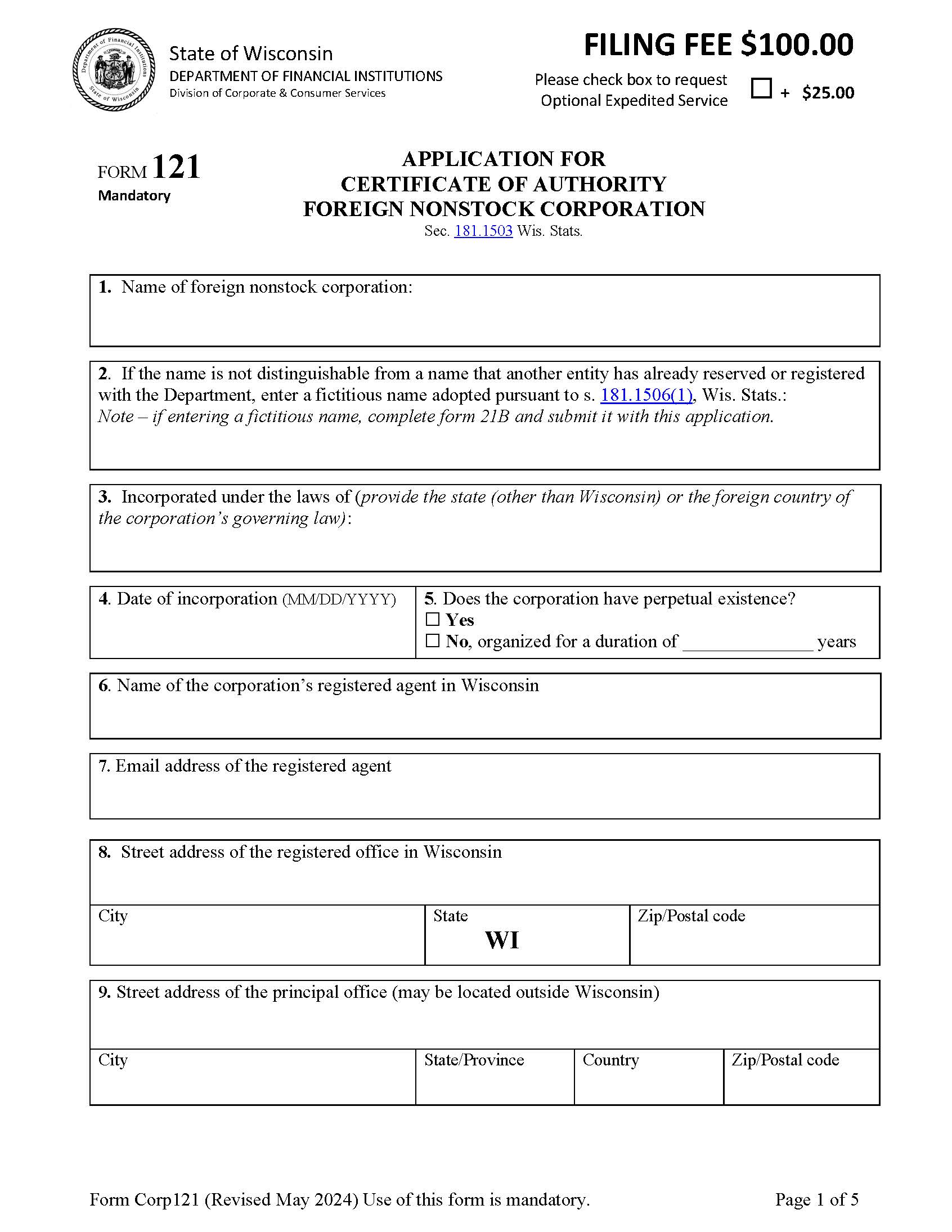 Foreign Nonstock Corporation Certificate Of Authority Application {121} | Pdf Fpdf Docx | Wisconsin