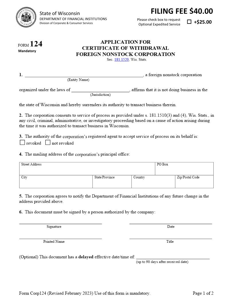Foreign Nonstock Corporation Withdrawal Application {124} | Pdf Fpdf Docx | Wisconsin