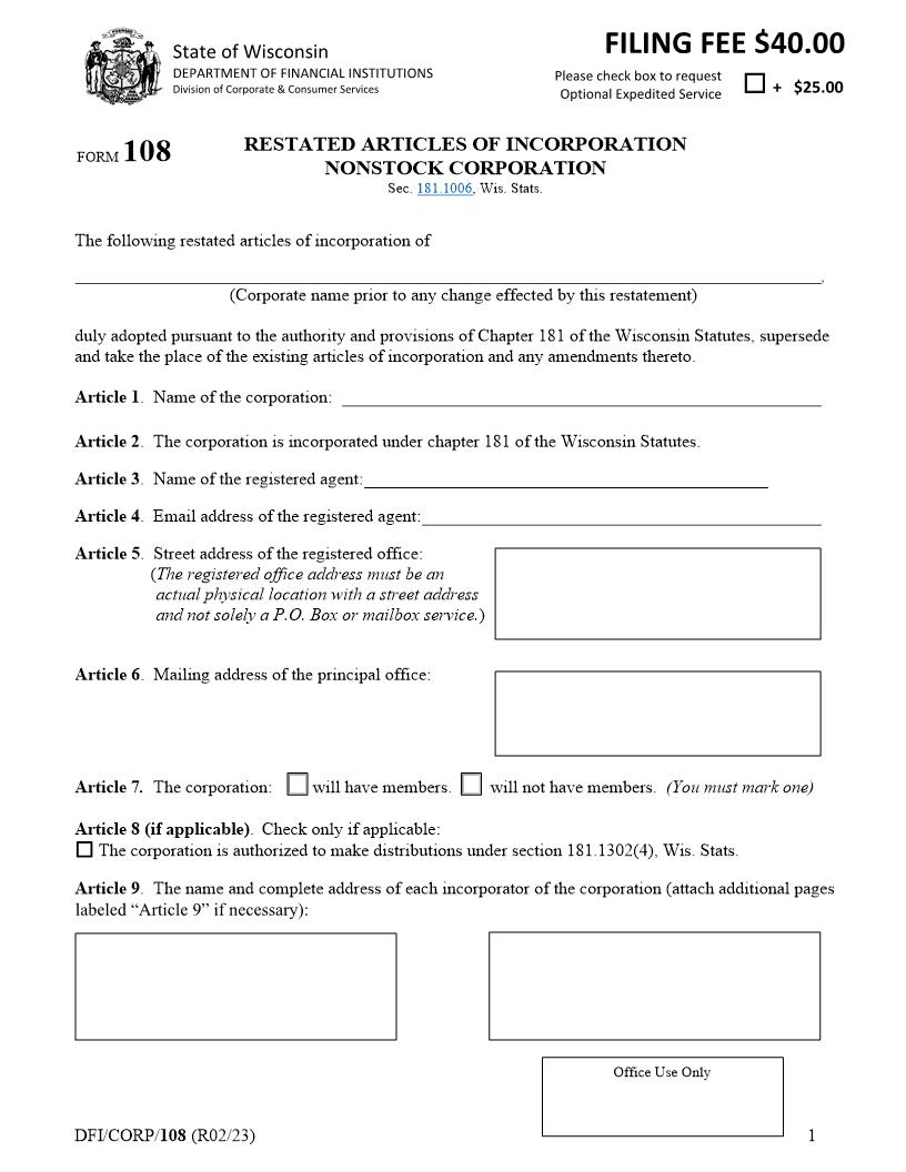Restated Articles Of Incorporation - Nonstock Corporation {108} | Pdf Fpdf Docx | Wisconsin