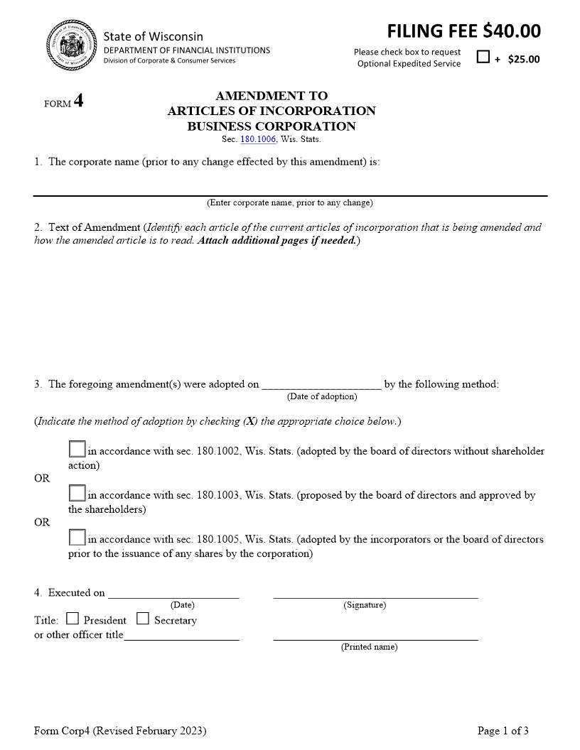 Articles Of Amendment - Stock For-Profit Corporation {4} | Pdf Fpdf Docx | Wisconsin