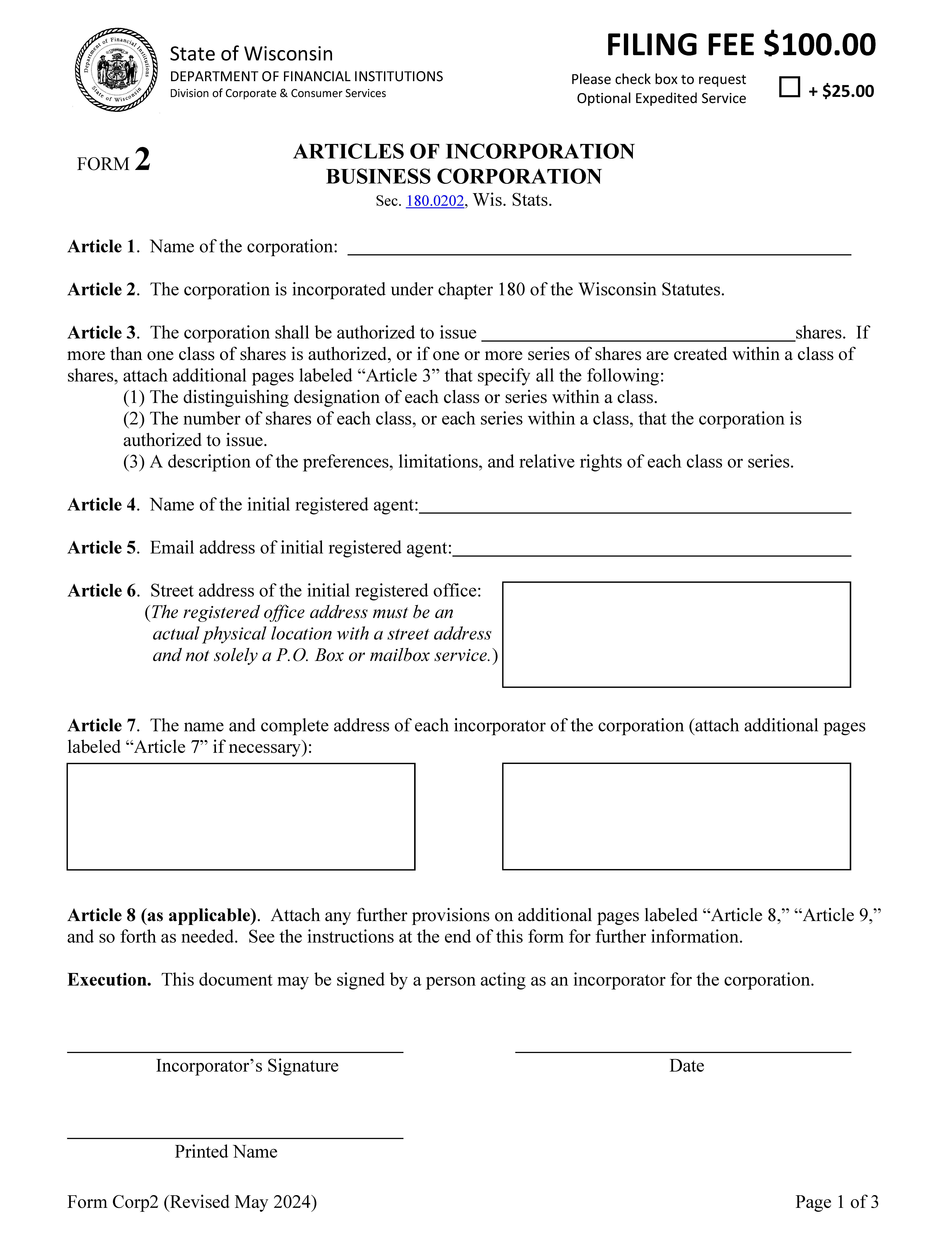 Articles Of Incorporation - Stock For-Profit Corporation {2} | Pdf Fpdf Docx | Wisconsin