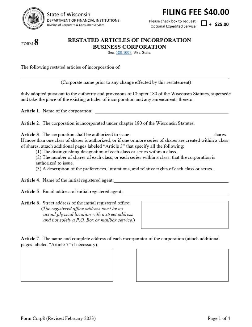 Restated Articles Of Incorporation {8} | Pdf Fpdf Docx | Wisconsin