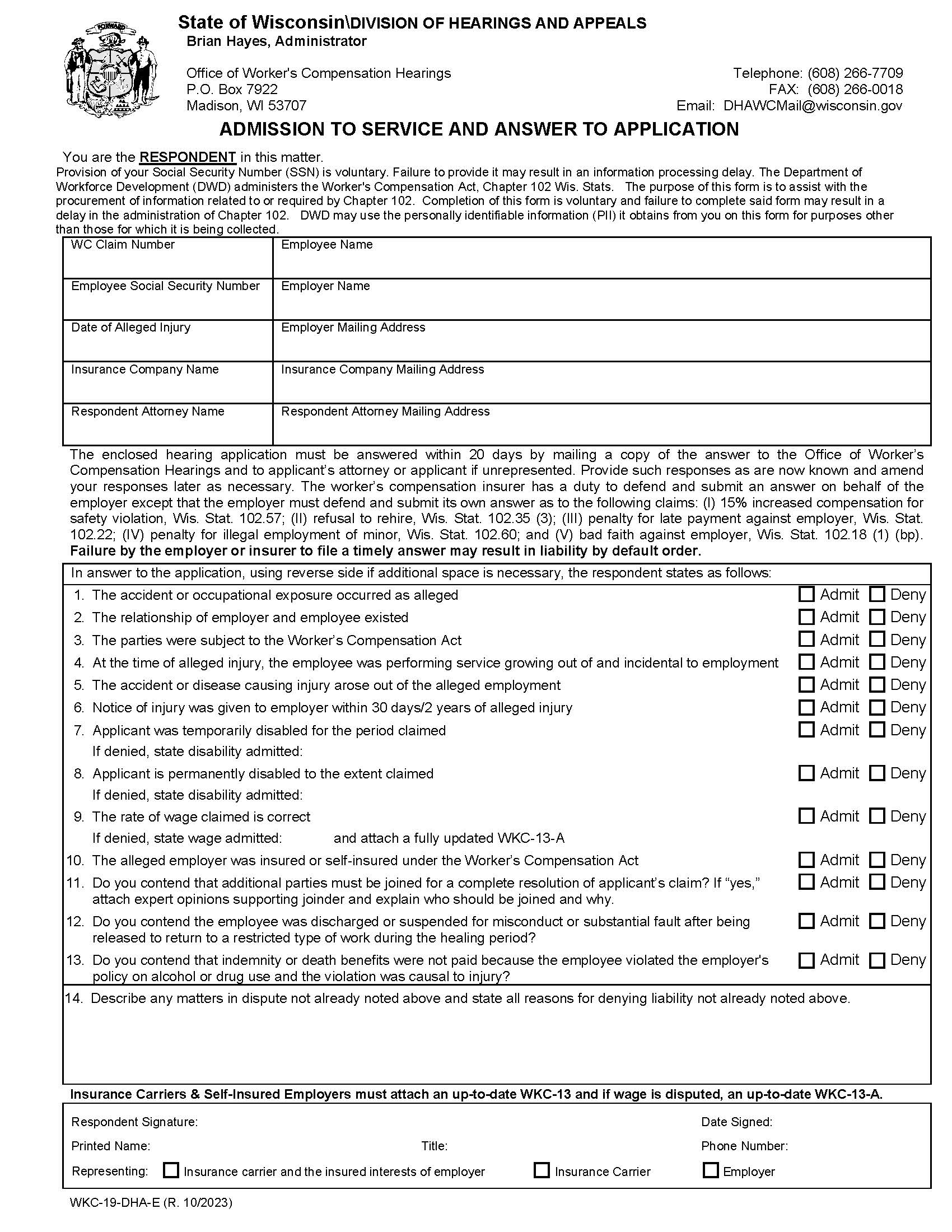 Admission To Service And Answer To Application {WKC-19-DHA-E} | Pdf Fpdf Docx | Wisconsin