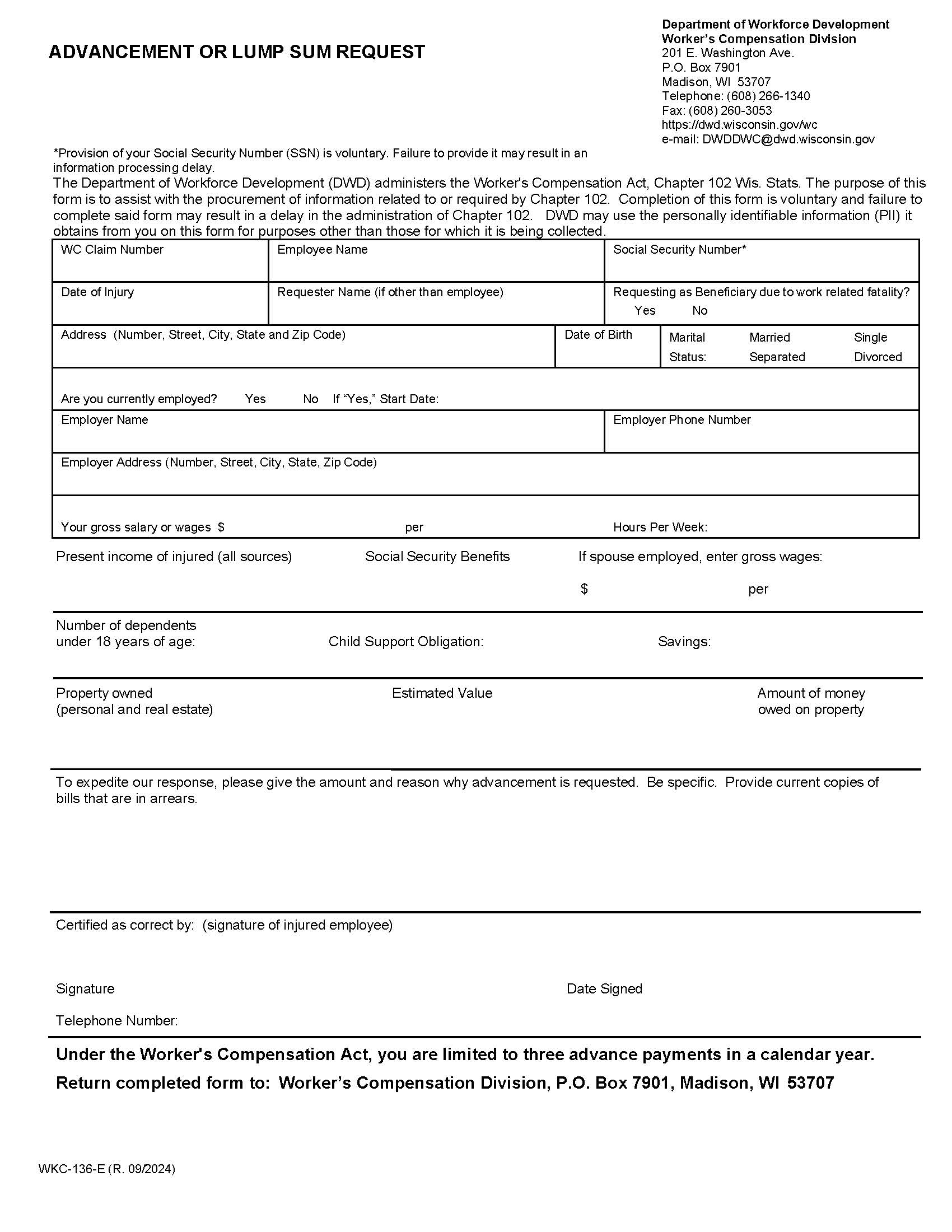 Advancement Or Lump Sum Request {WKC-136-E} | Pdf Fpdf Docx | Wisconsin