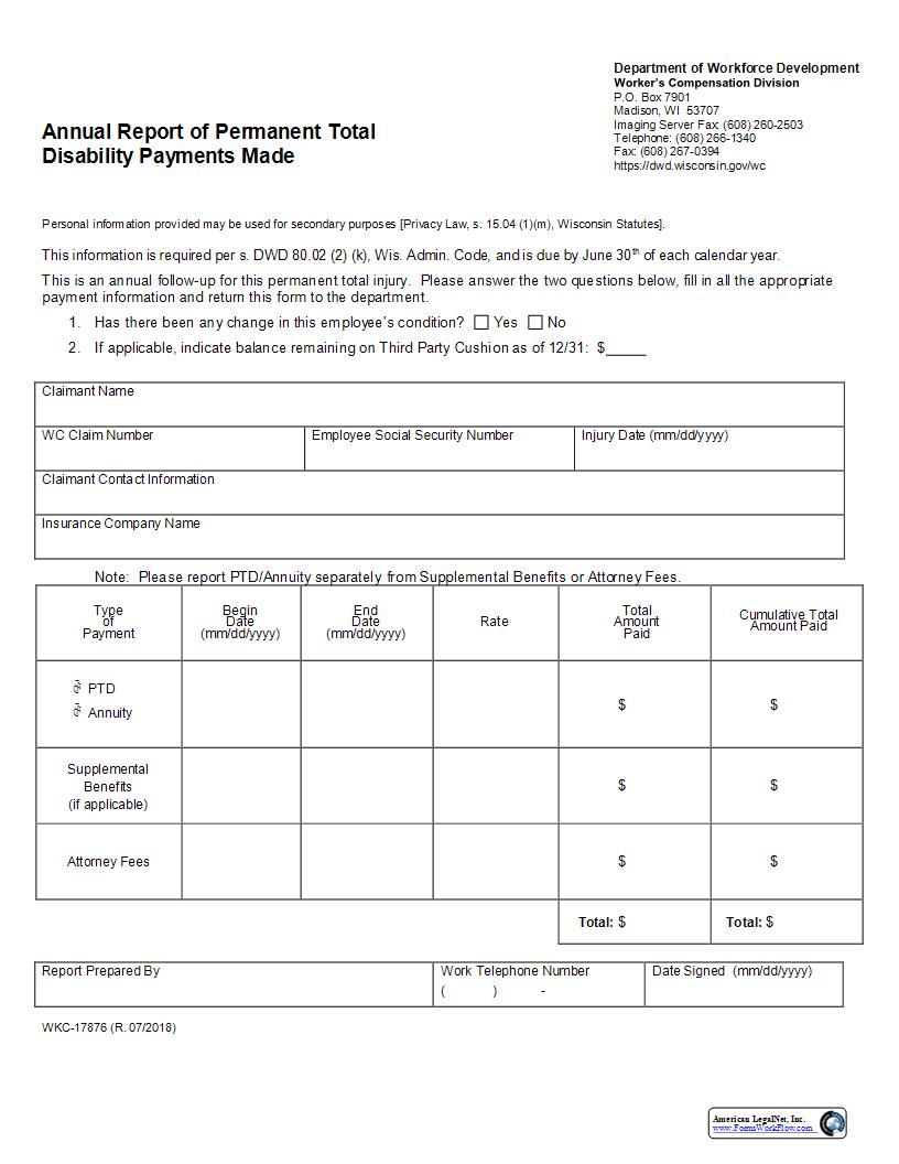 Annual Report Of Permanent Total Disability Payments Made {WKC-17876} | Pdf Fpdf Docx | Wisconsin