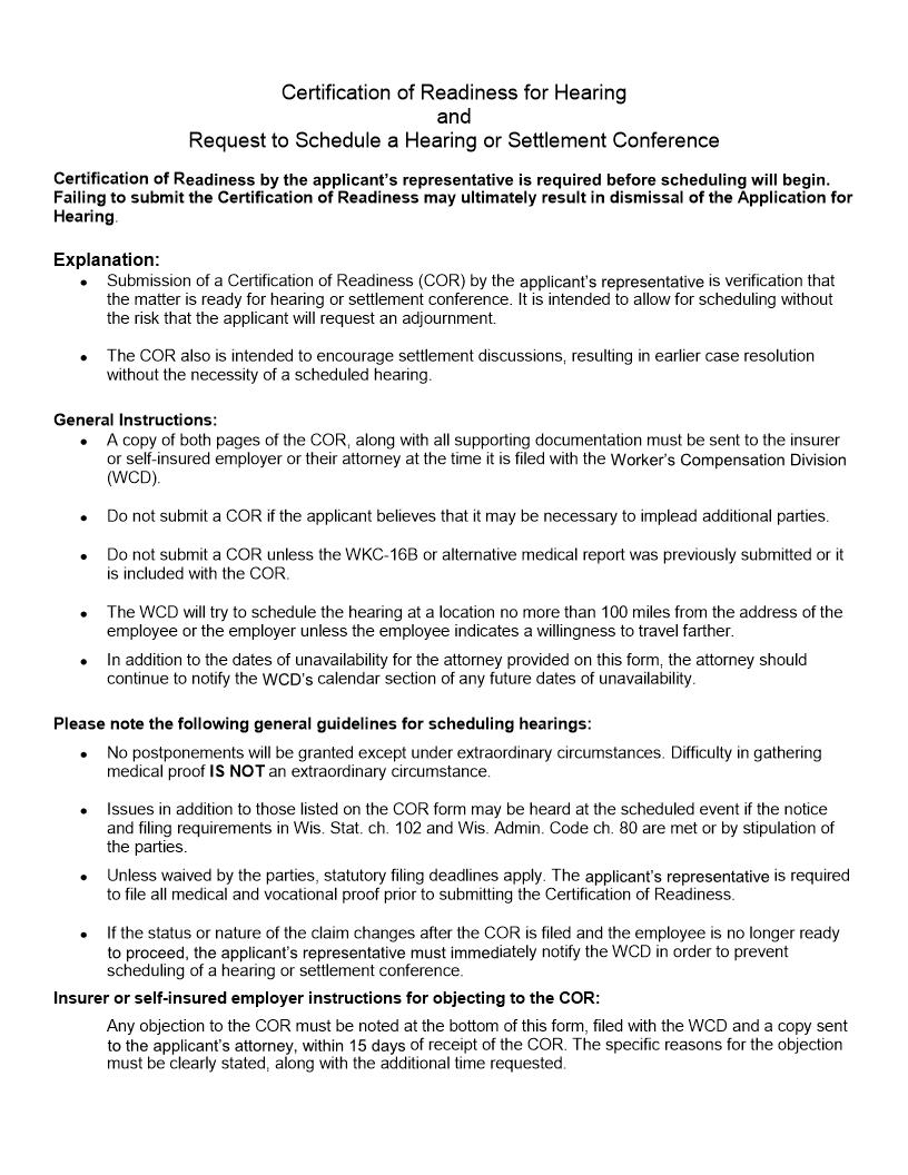 Certificate Of Readiness And Request To Schedule A Hearing {WKC-15717-DHA}} | Pdf Fpdf Docx | Wisconsin