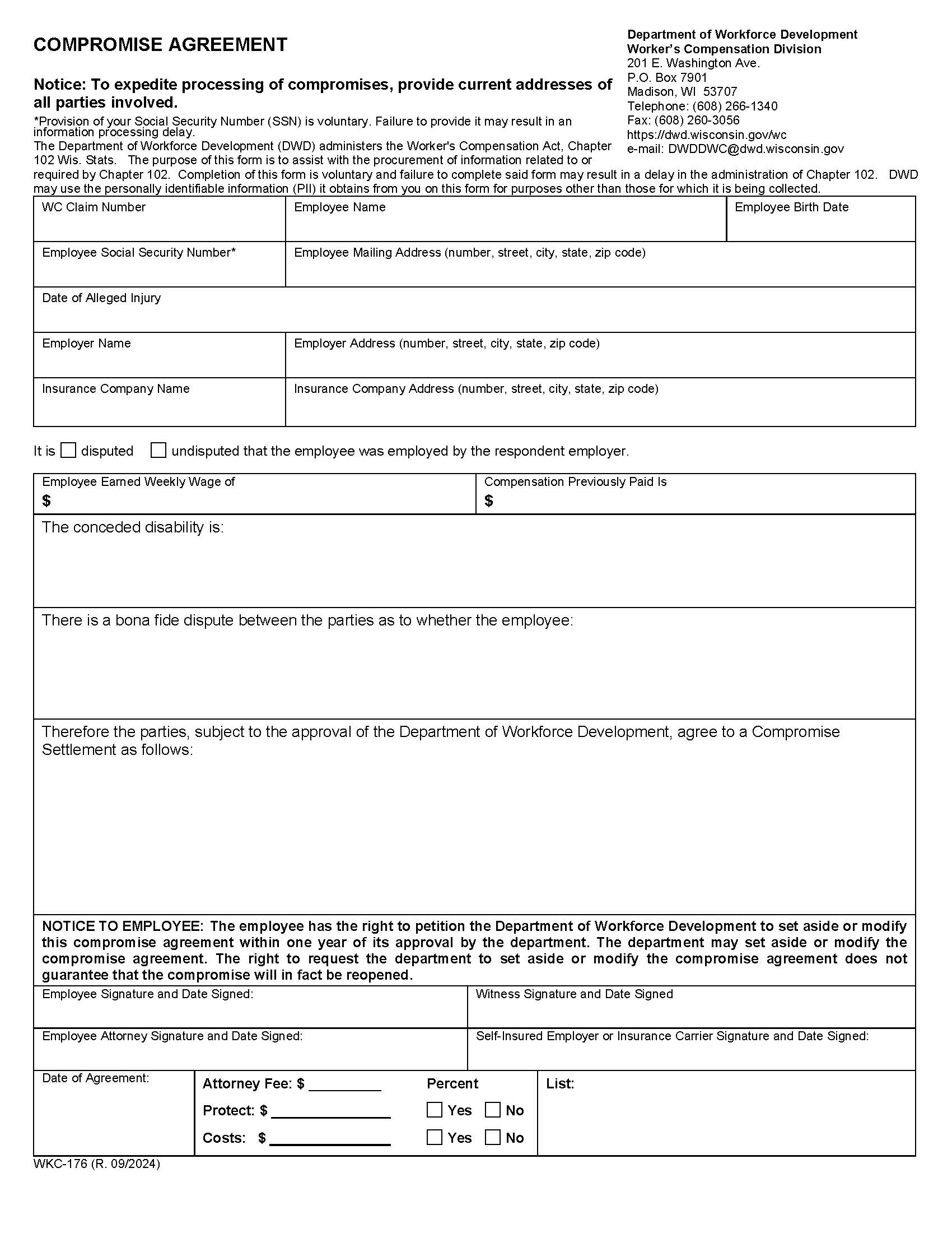 Compromise Agreement {WKC-176} | Pdf Fpdf Docx | Wisconsin