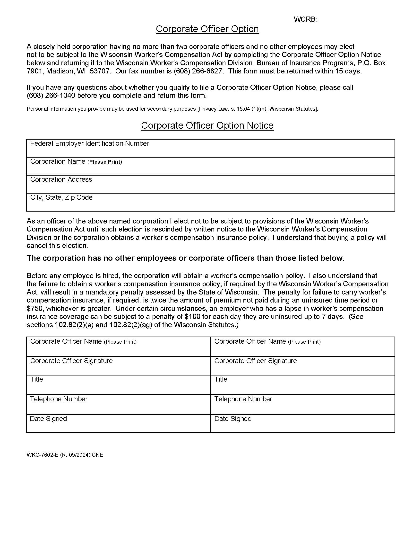 Corporate Officer Option {WKC-7602} | Pdf Fpdf Docx | Wisconsin