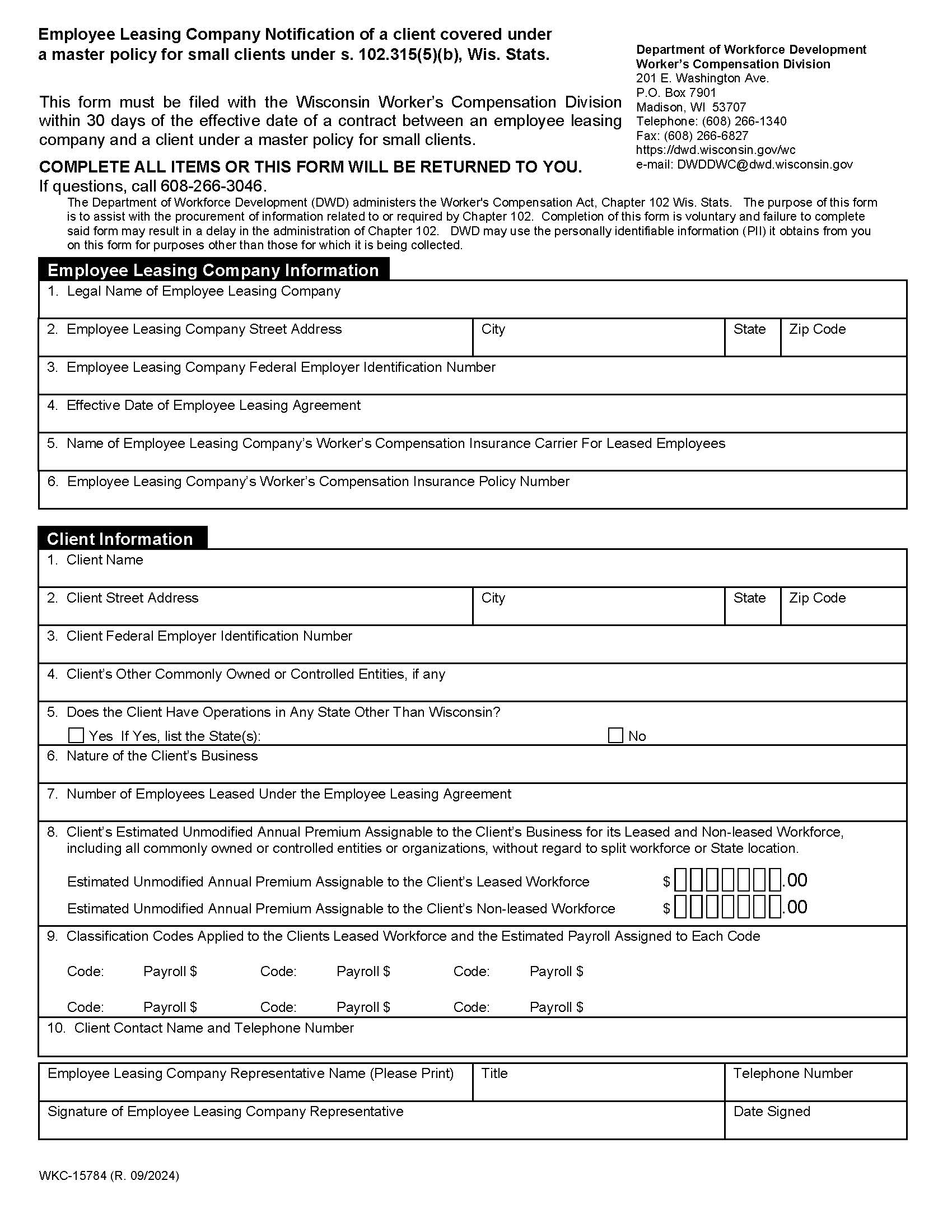 Employee Leasing Company Notification {WKC-15784} | Pdf Fpdf Doc Docx | Wisconsin