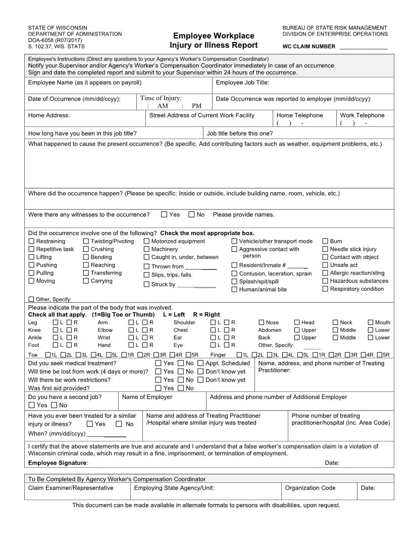 Employee Workplace Injury Or Illness Report {DOA-6058} | Pdf Fpdf Doc Docx | Wisconsin