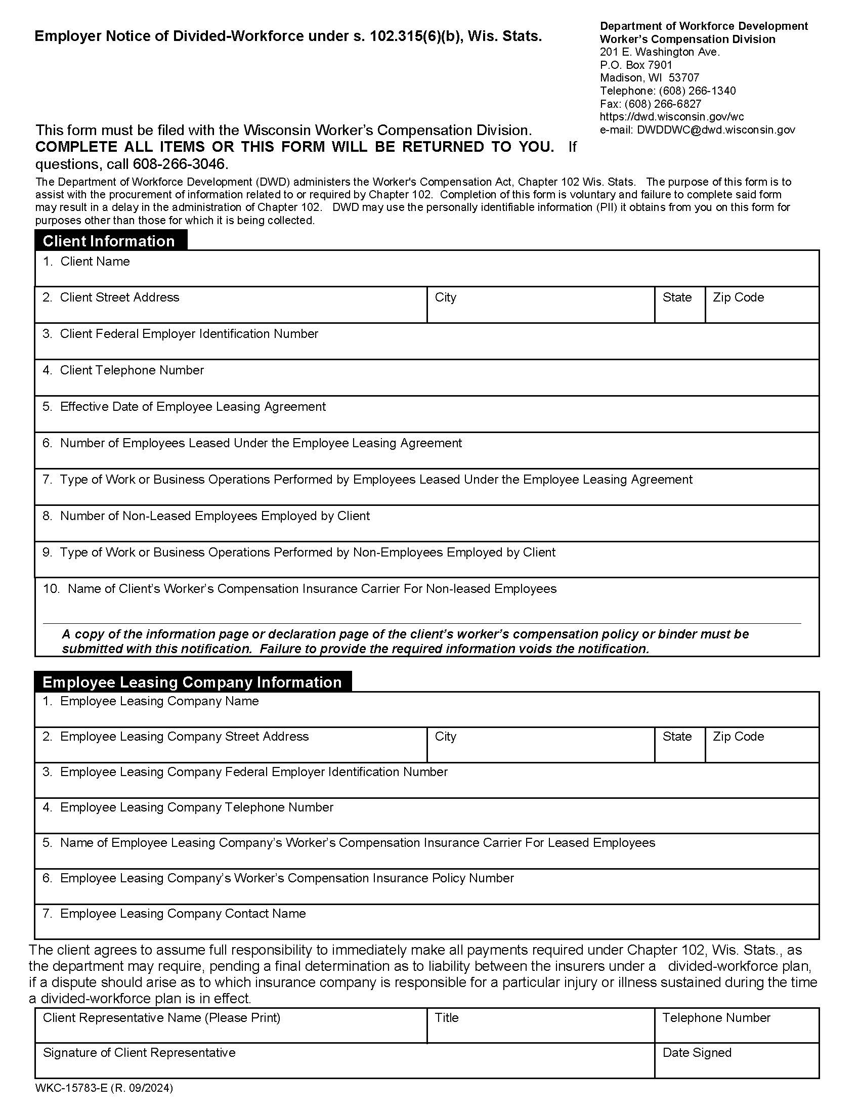 Employer Notice Of Divided Workforce {WKC-15783} | Pdf Fpdf Doc Docx | Wisconsin