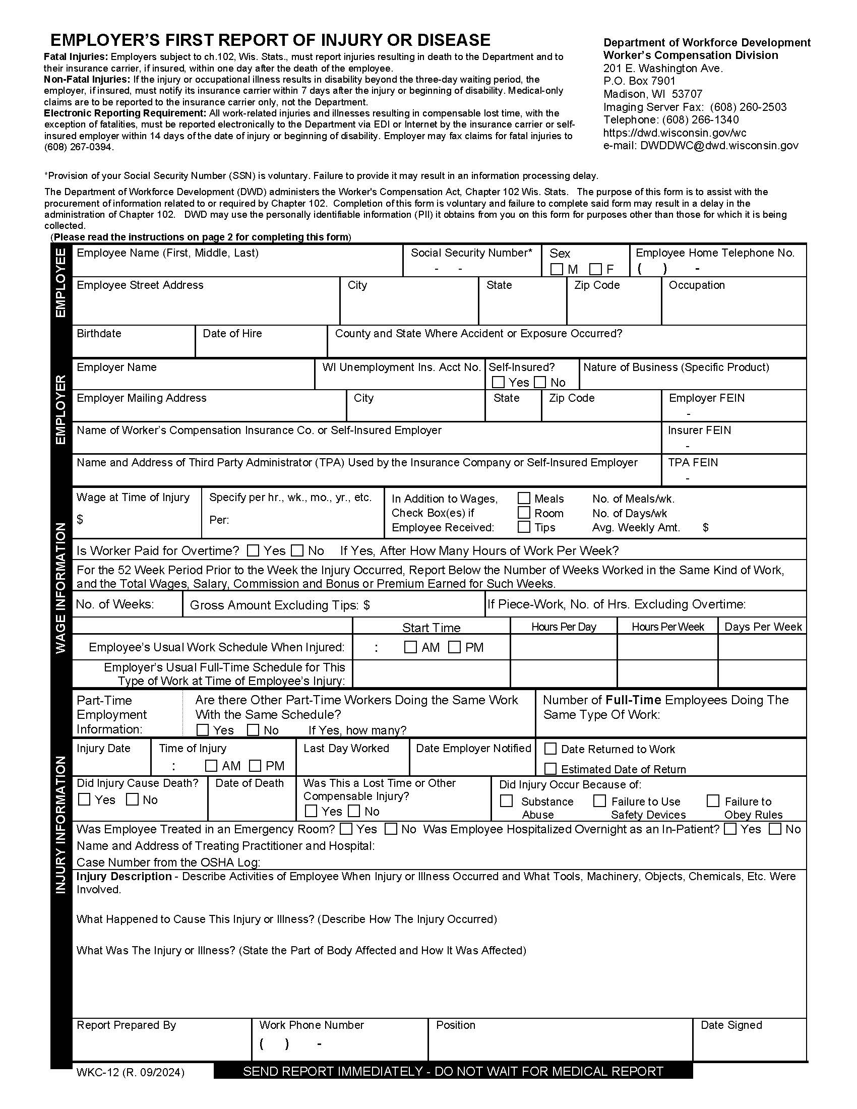 Employers First Report Of Injury Or Disease {WKC-12-E} | Pdf Fpdf Docx | Wisconsin