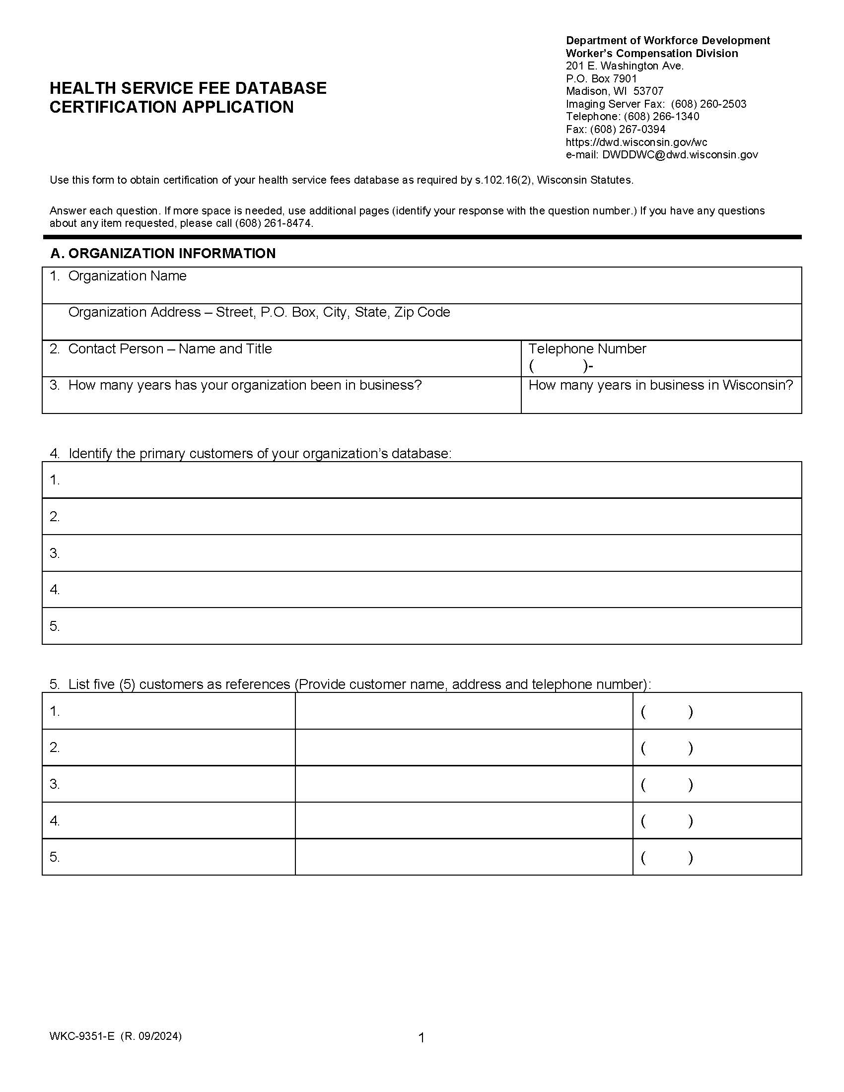 Health Service Fee Database Certification Application {WKC-9351} | Pdf Fpdf Docx | Wisconsin