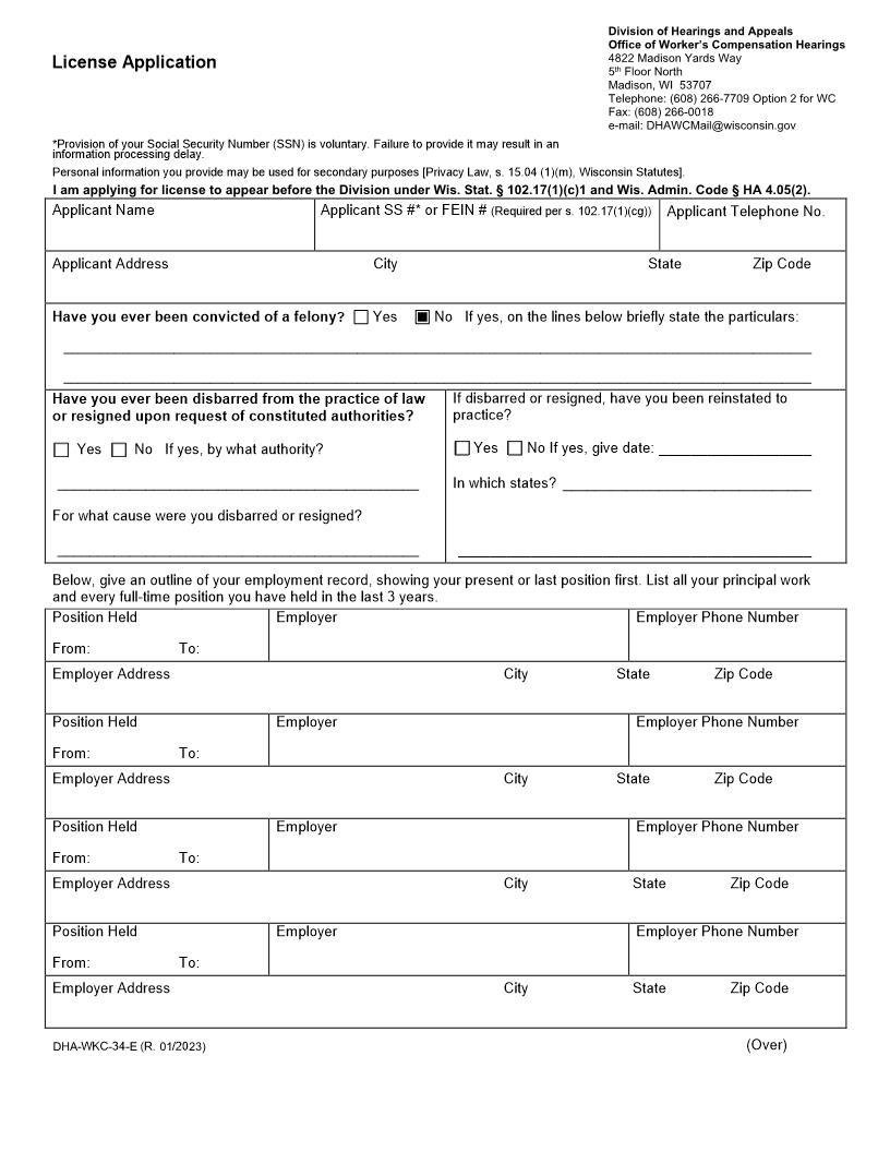 License Application {WKC 34} | Pdf Fpdf Docx | Wisconsin