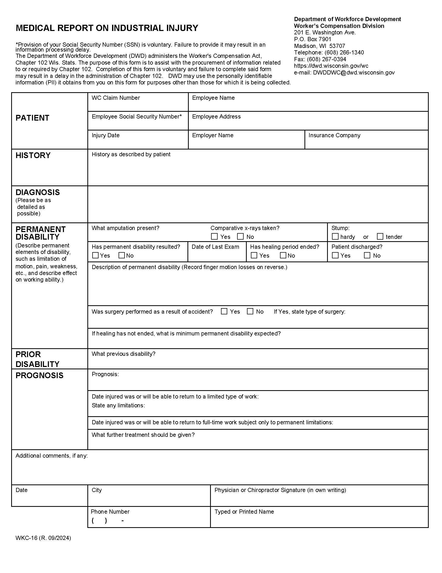 Medical Report On Industrial Injury {WKC-16} | Pdf Fpdf Docx | Wisconsin