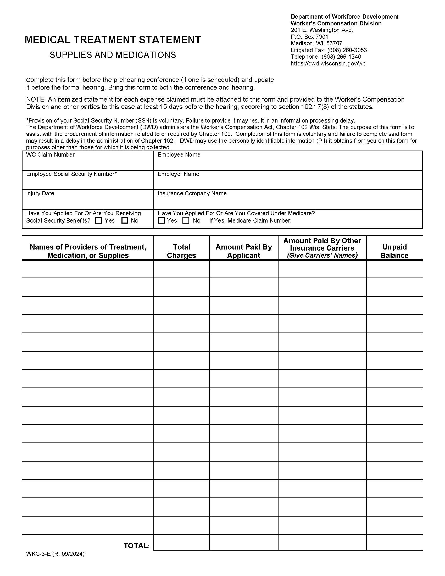 Medical Treatment Statement Supplies And Medications {WKC-3} | Pdf Fpdf Docx | Wisconsin