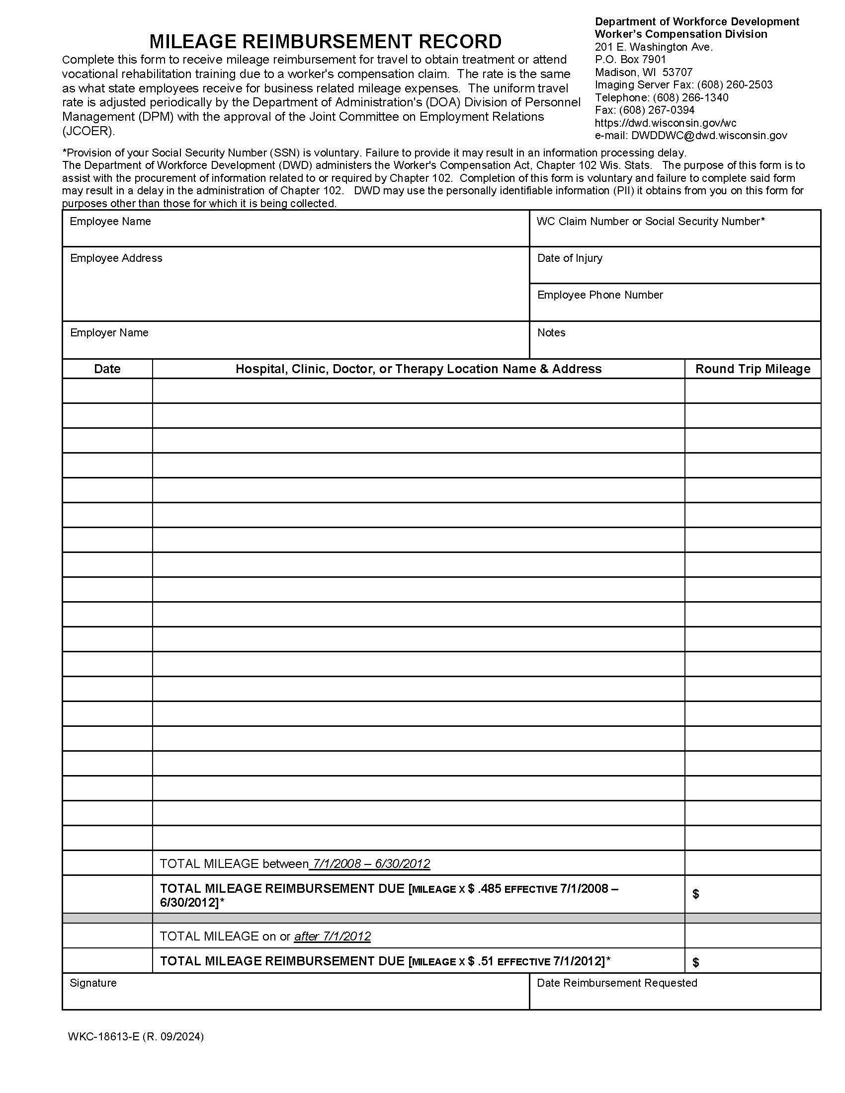 Mileage Reimbursement {WKC-18613-e} | Pdf Fpdf Docx | Wisconsin