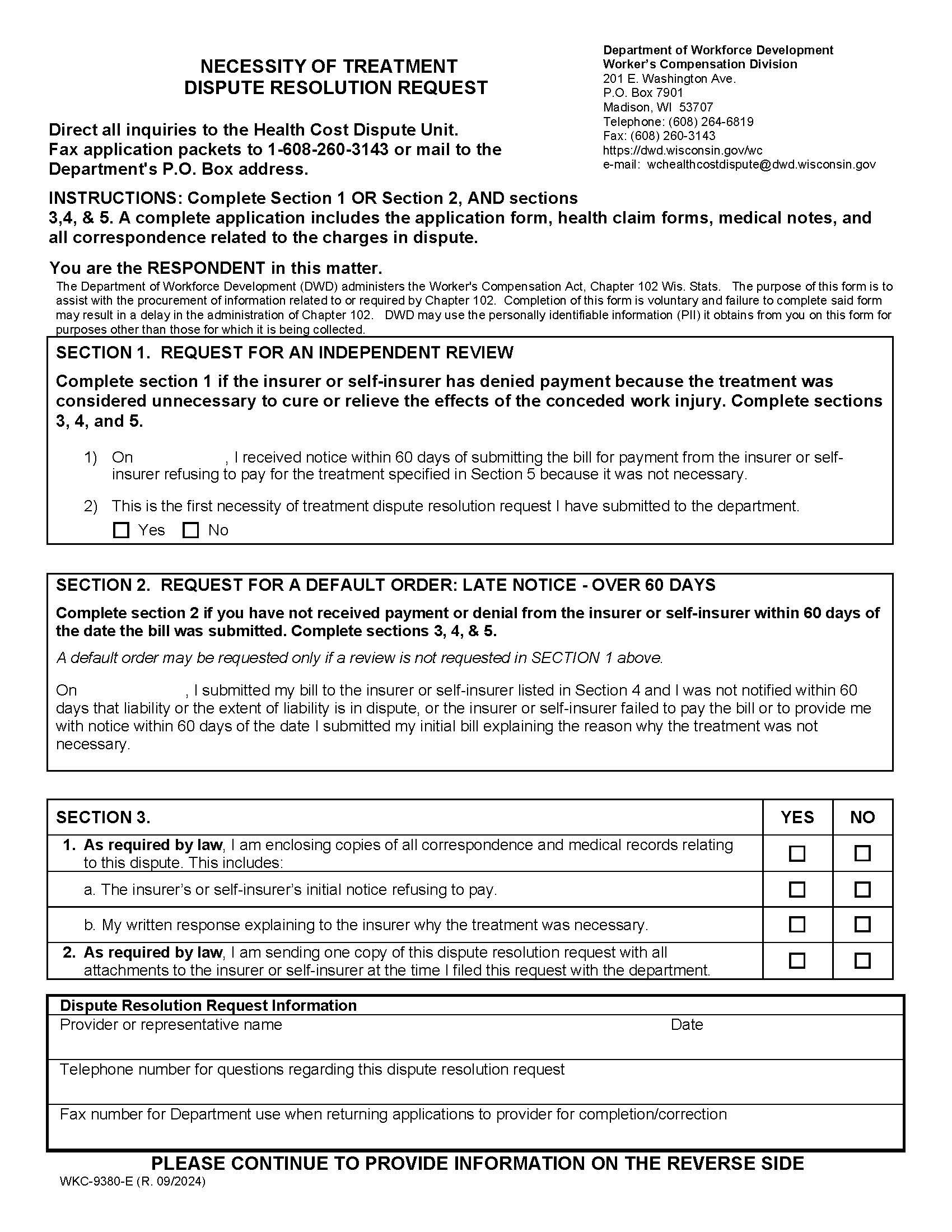 Necessity Of Treatment Dispute Resolution Request {WKC 9380} | Pdf Fpdf Docx | Wisconsin