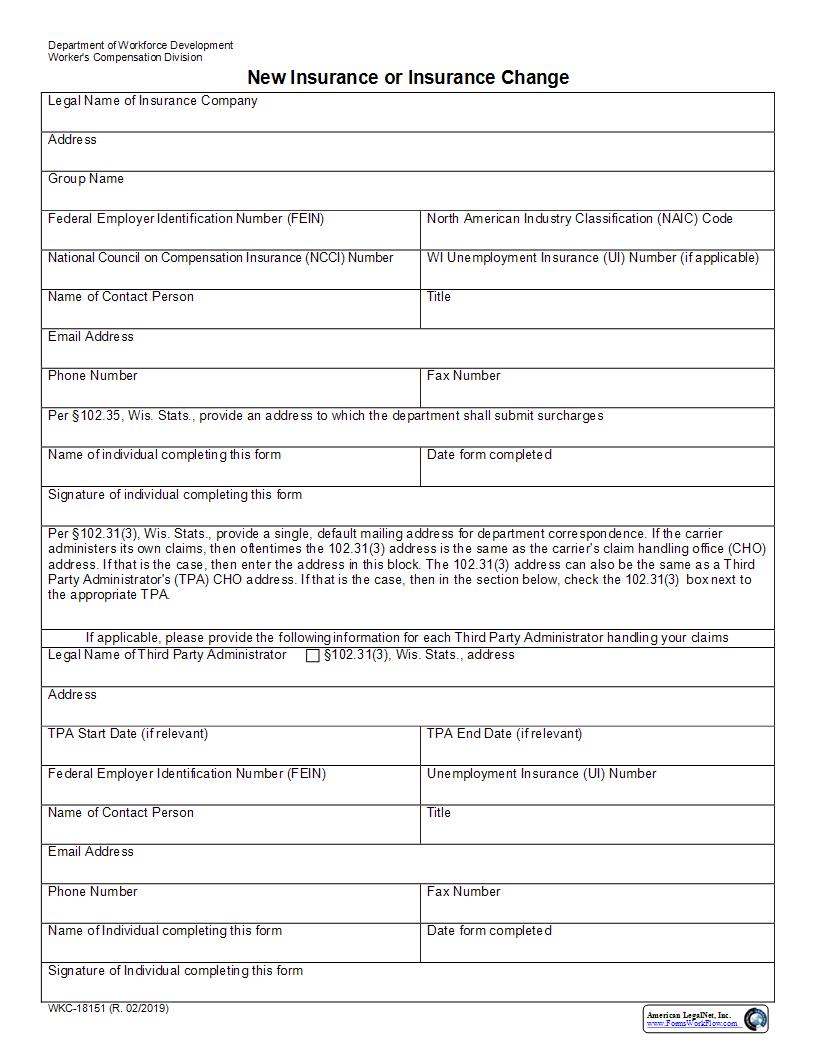 New Insurance Or Insurance Change {WKC-18151} | Pdf Fpdf Docx | Wisconsin