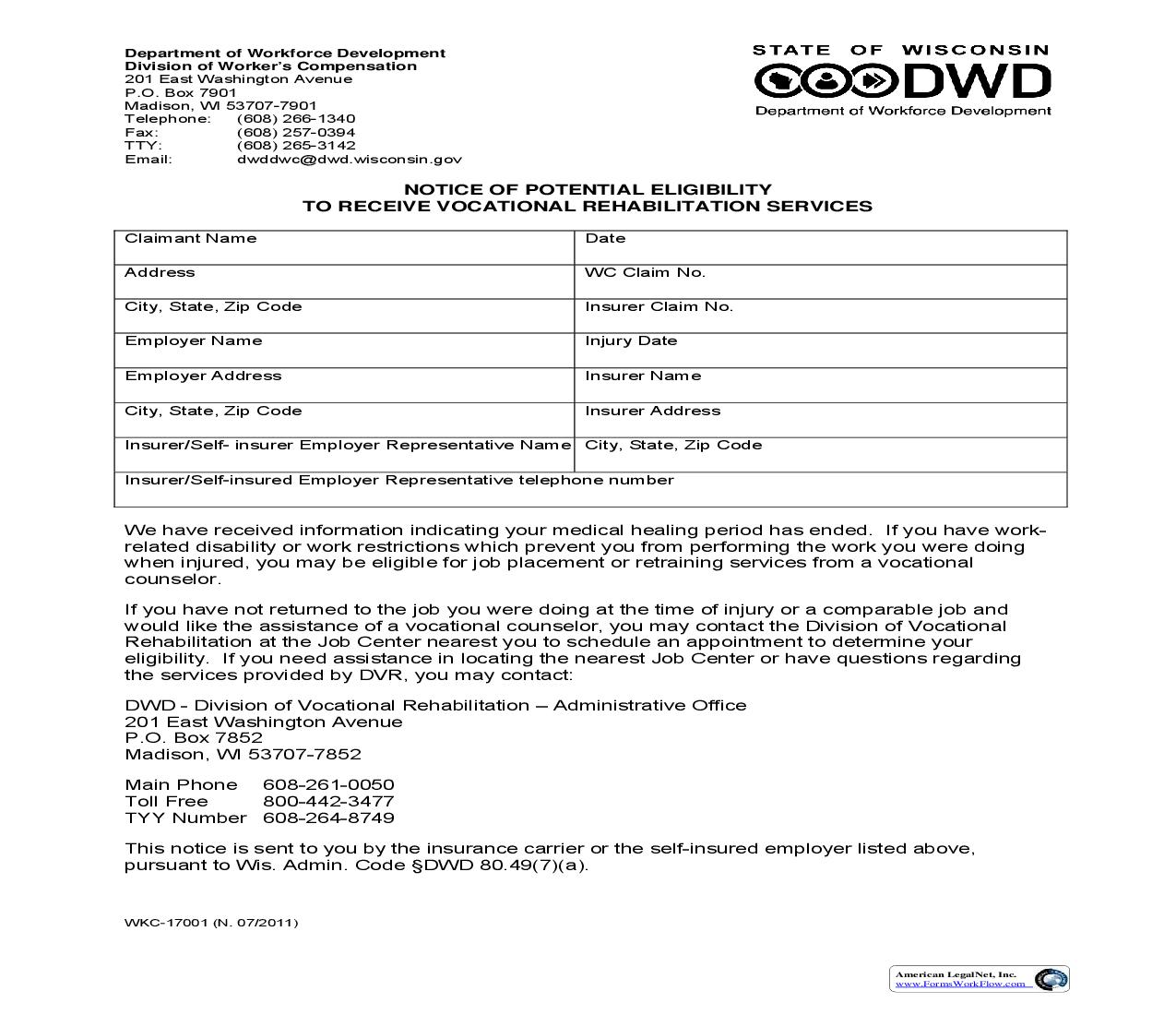 Notice Of Potential Eligibility To Receive Vocational Rehabilitation Services {WKC-17001} | Pdf Fpdf Doc Docx | Wisconsin
