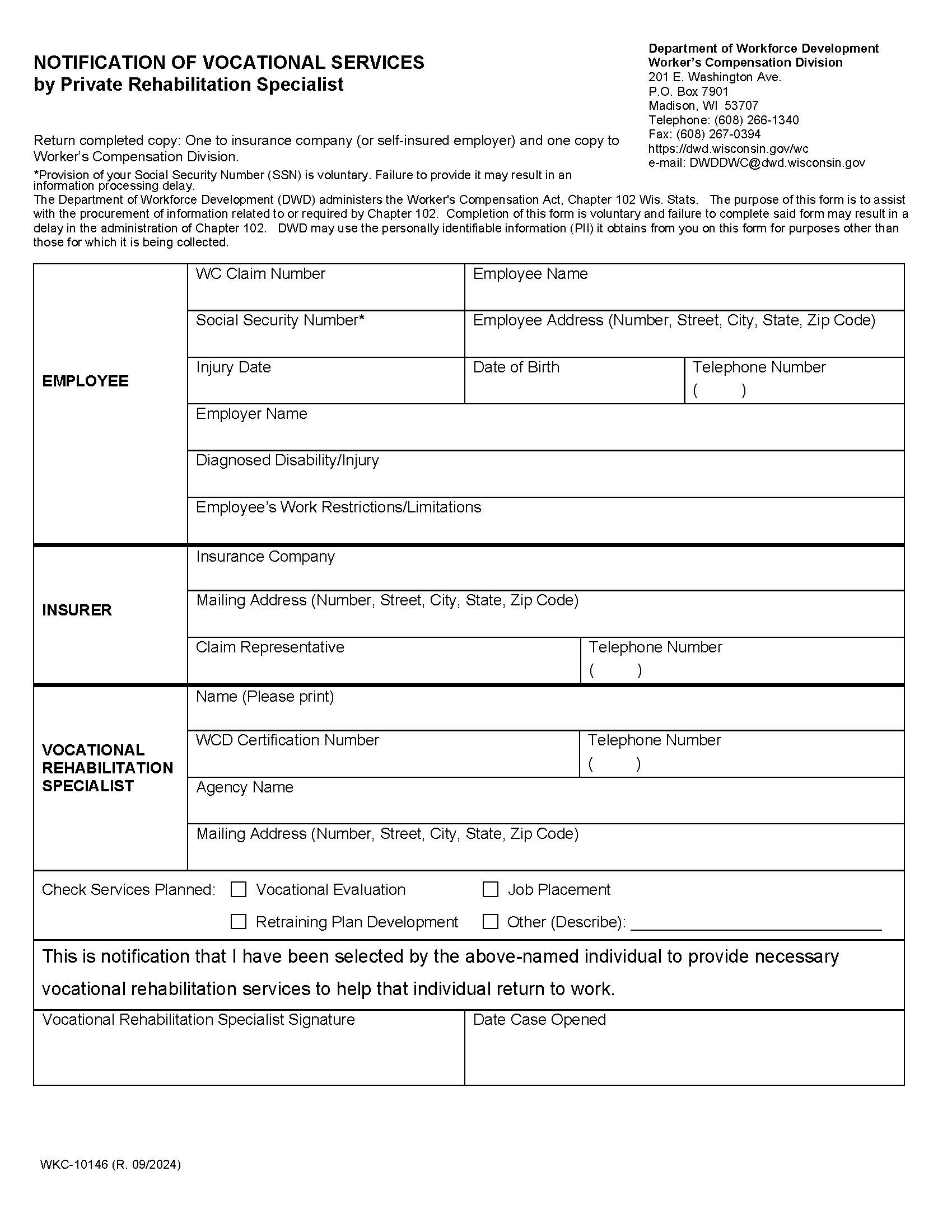 Notification Of Vocational Services {WKC-10146} | Pdf Fpdf Docx | Wisconsin