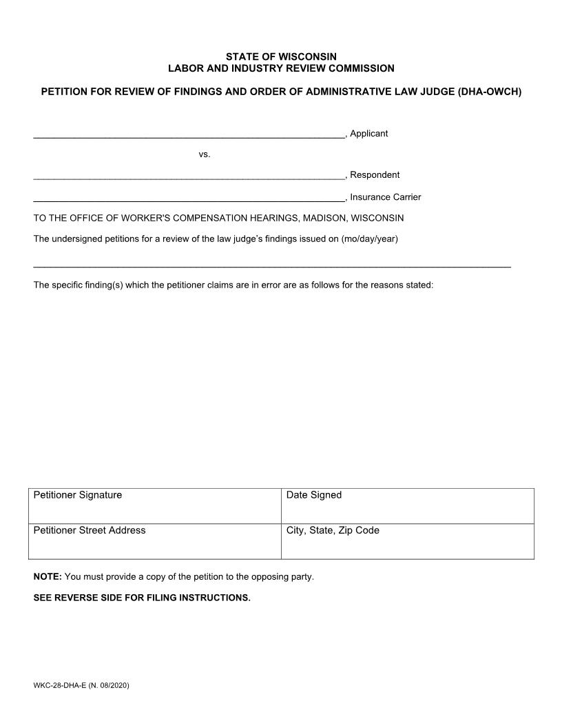 Petition For Review Of Findings And Order Of Administrative Law Judge {WKC 28} | Pdf Fpdf Docx | Wisconsin