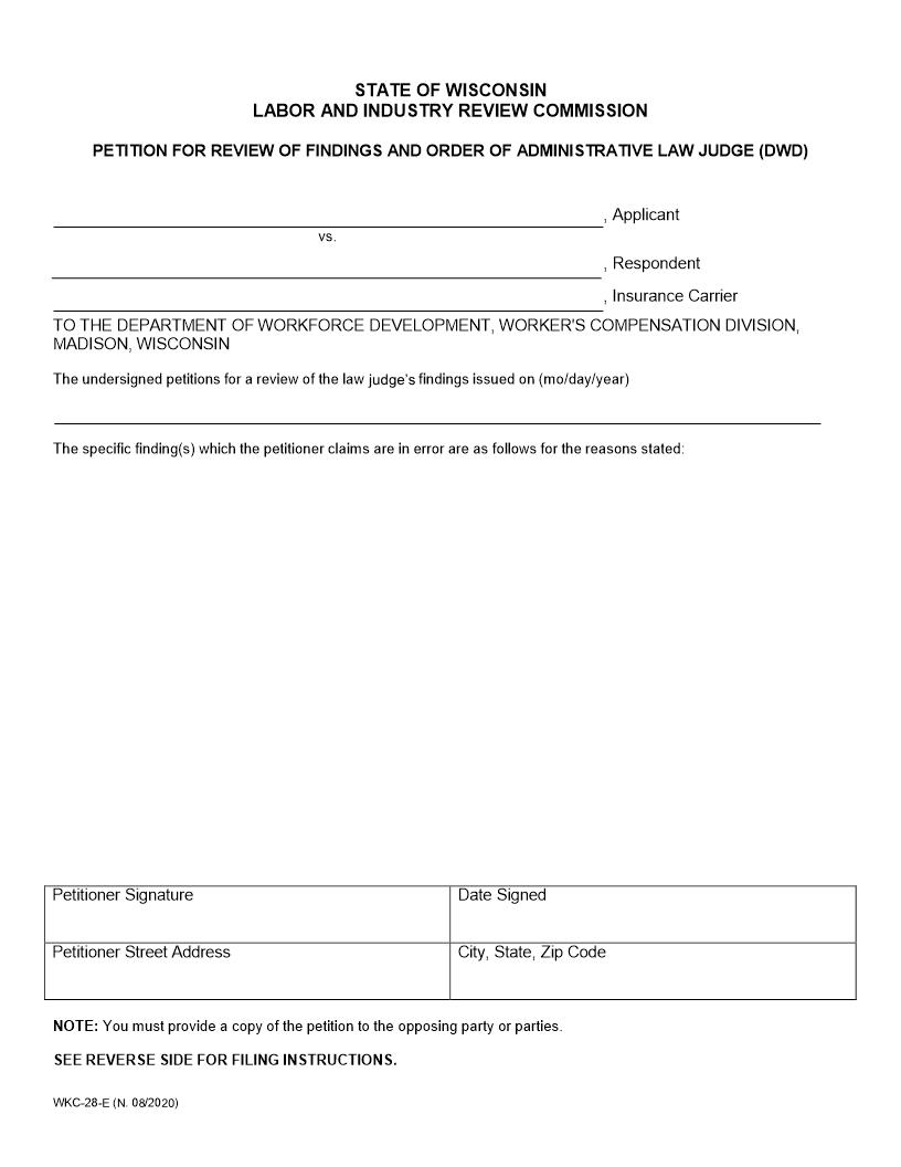 Petition For Review Of Findings And Order Of Administrative Law Judge {WKC 28-E} | Pdf Fpdf Docx | Wisconsin