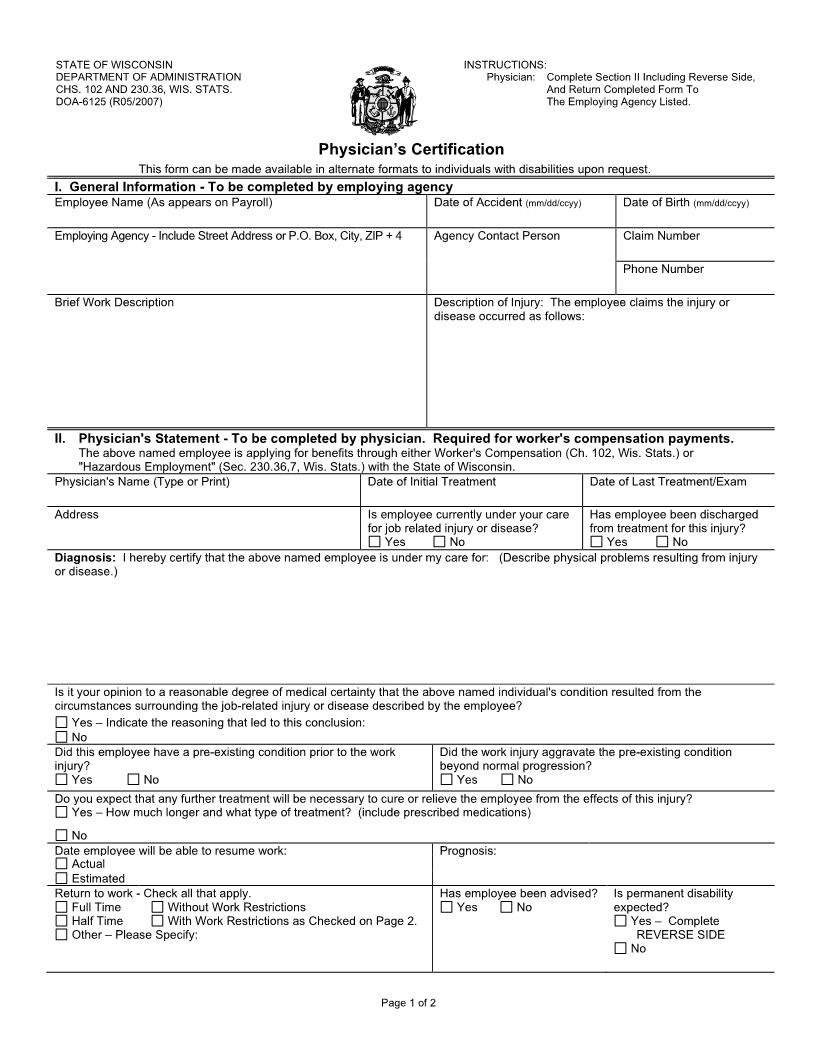 Physician's Certification {DOA-6125} | Pdf Fpdf Doc Docx | Wisconsin