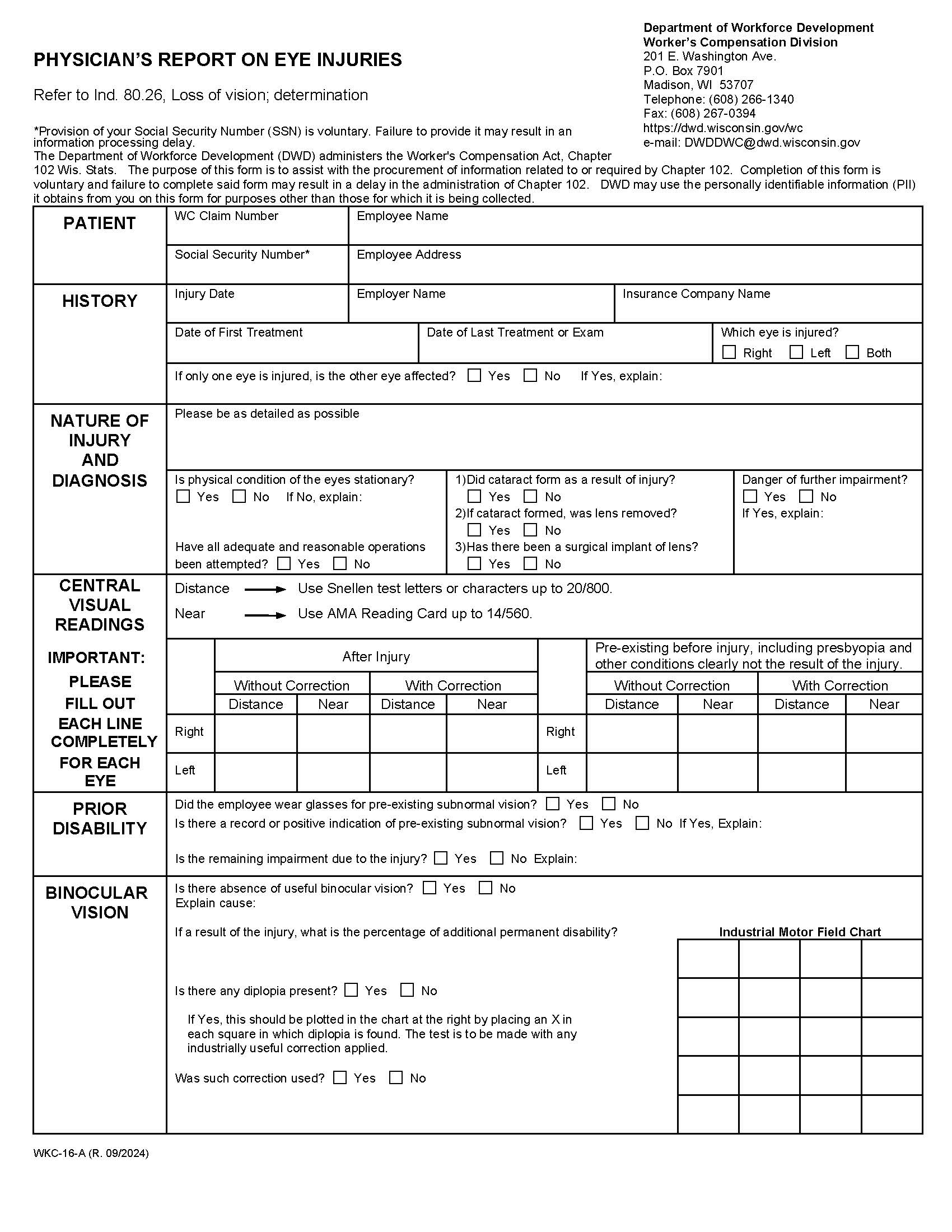 Physicians Report On Eye Injuries {WKC-16A} | Pdf Fpdf Docx | Wisconsin
