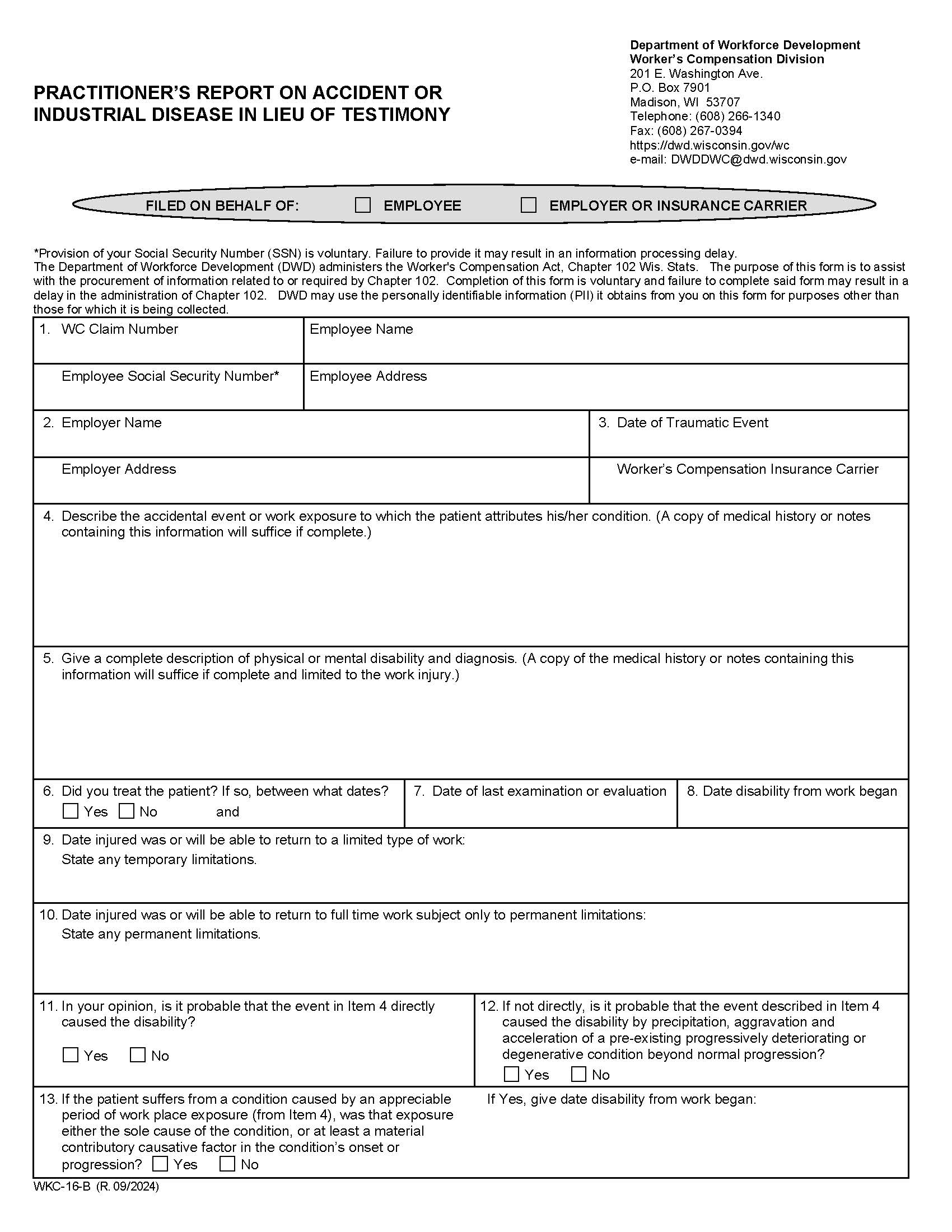 Practitioners Report On Accident Or Industrial Disease In  Lieu Of Testimony {WKC-16B} | Pdf Fpdf Docx | Wisconsin