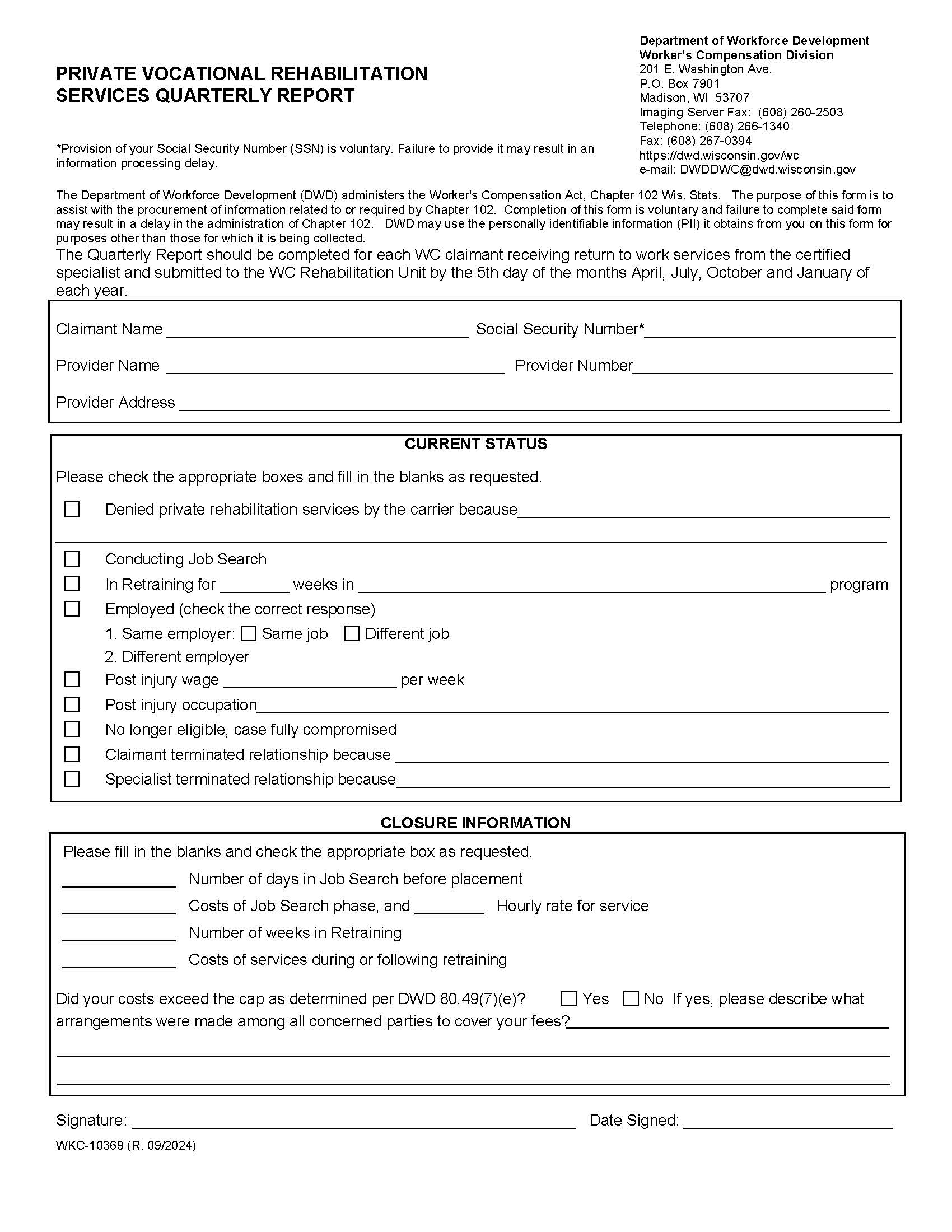 Private Vocational Rehabilitation Services Quarterly Report {WKC-10369} | Pdf Fpdf Docx | Wisconsin