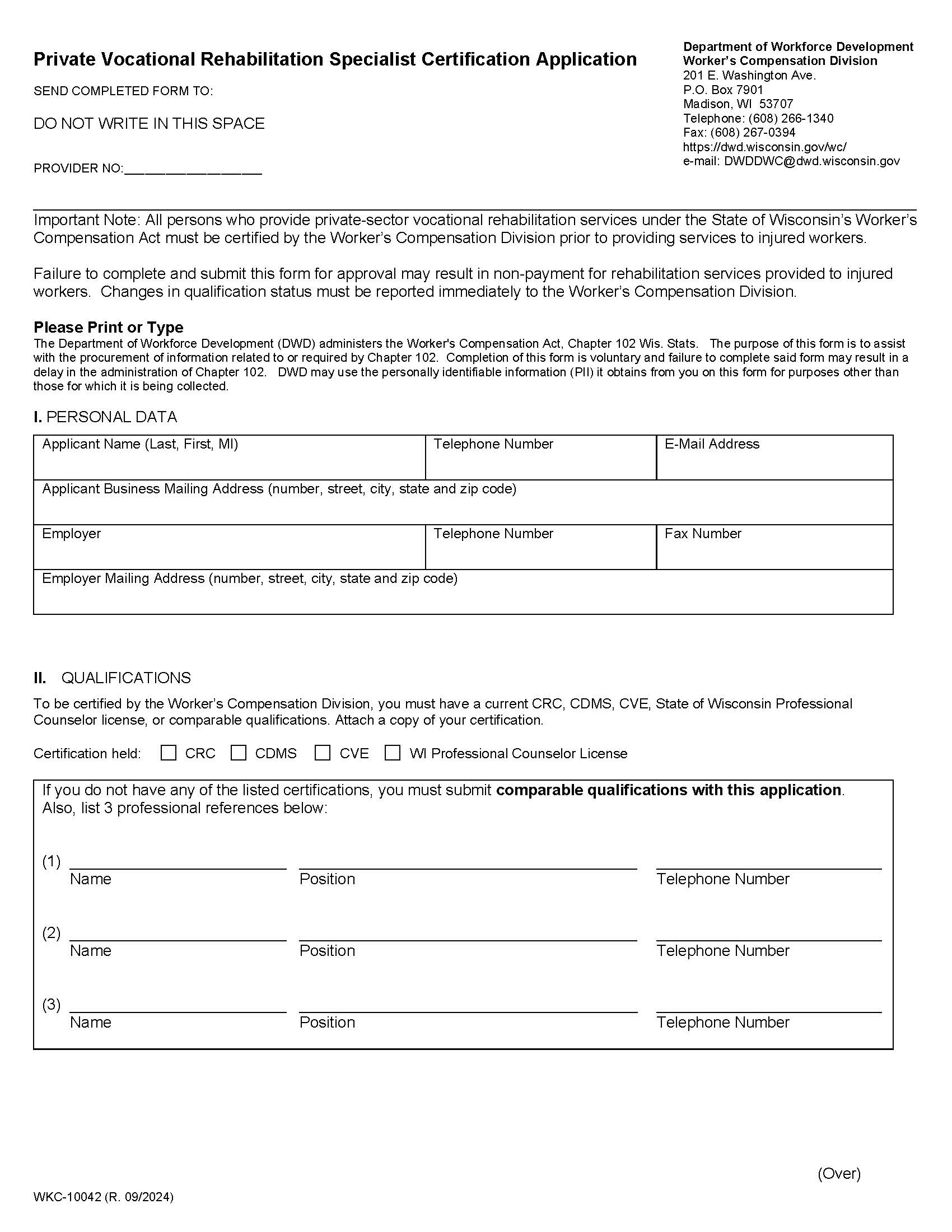 Private Vocational Rehabilitation Specialist Certification Application {WKC-10042} | Pdf Fpdf Doc Docx | Wisconsin
