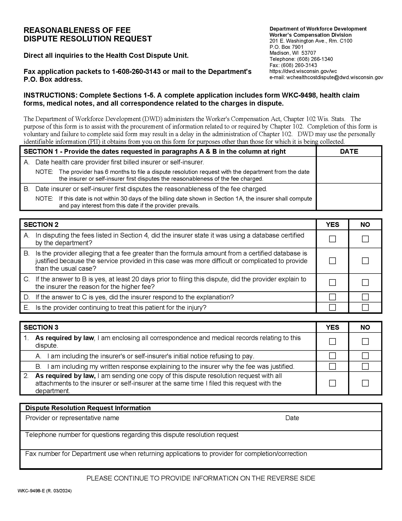 Reasonableness Of Fee Dispute Resolution Request {WKC-9498} | Pdf Fpdf Docx | Wisconsin