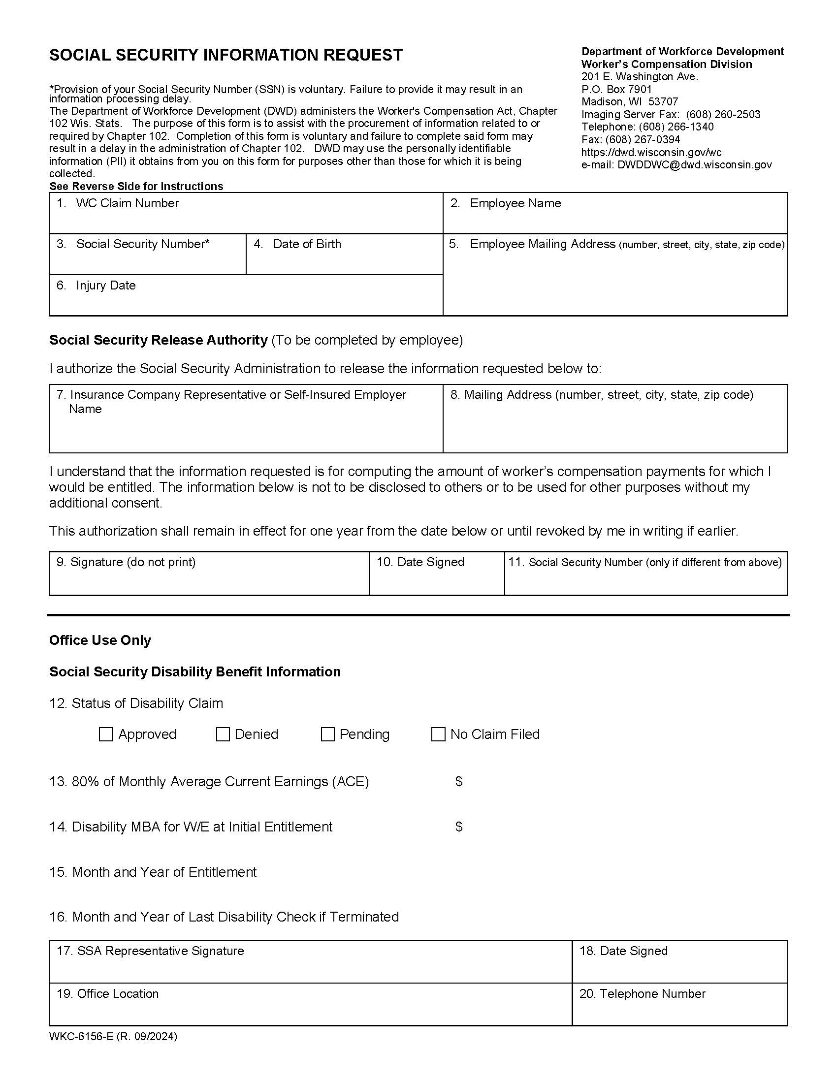 Social Security Information Request {WKC-6156} | Pdf Fpdf Docx | Wisconsin