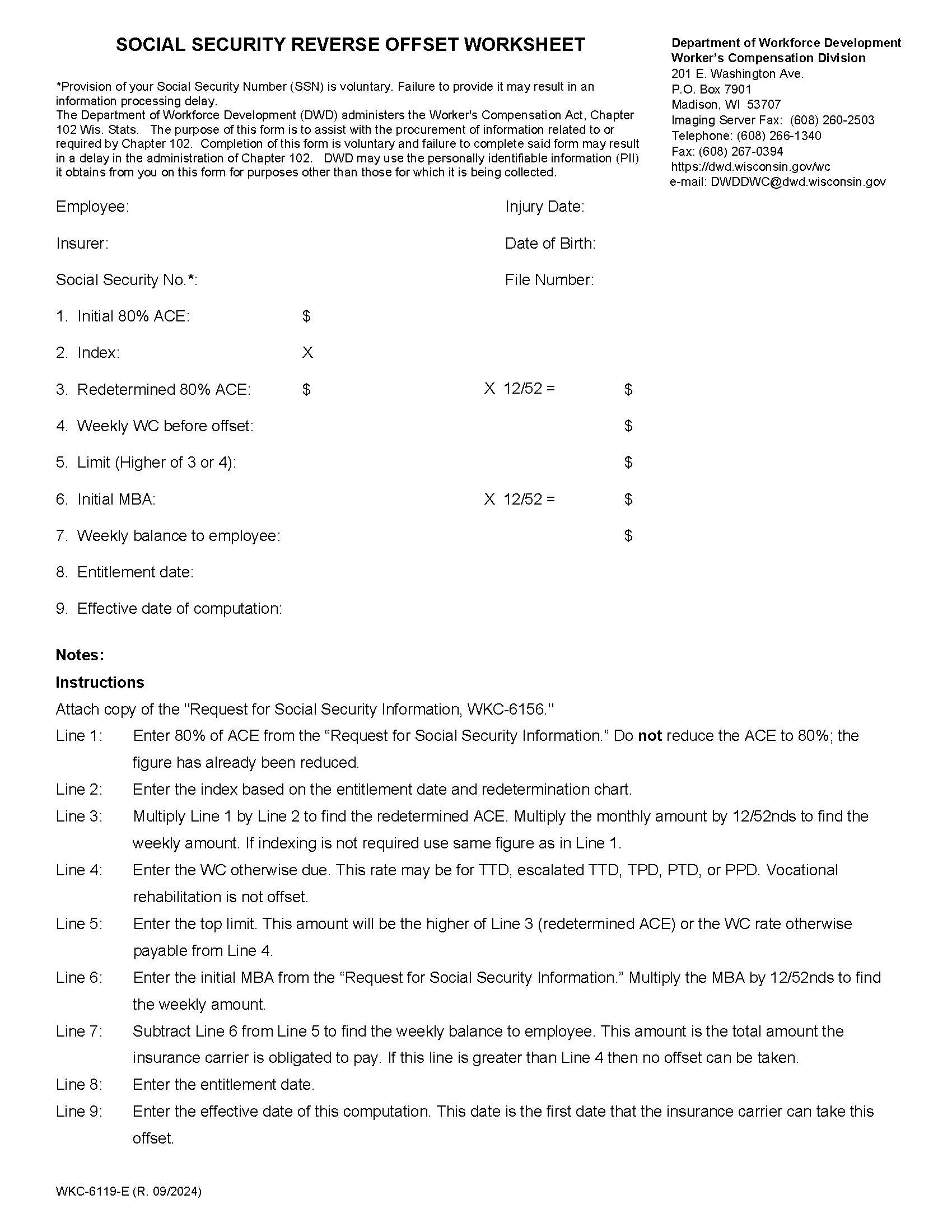 Social Security Reverse Offset Worksheet {WKC-6119} | Pdf Fpdf Docx | Wisconsin