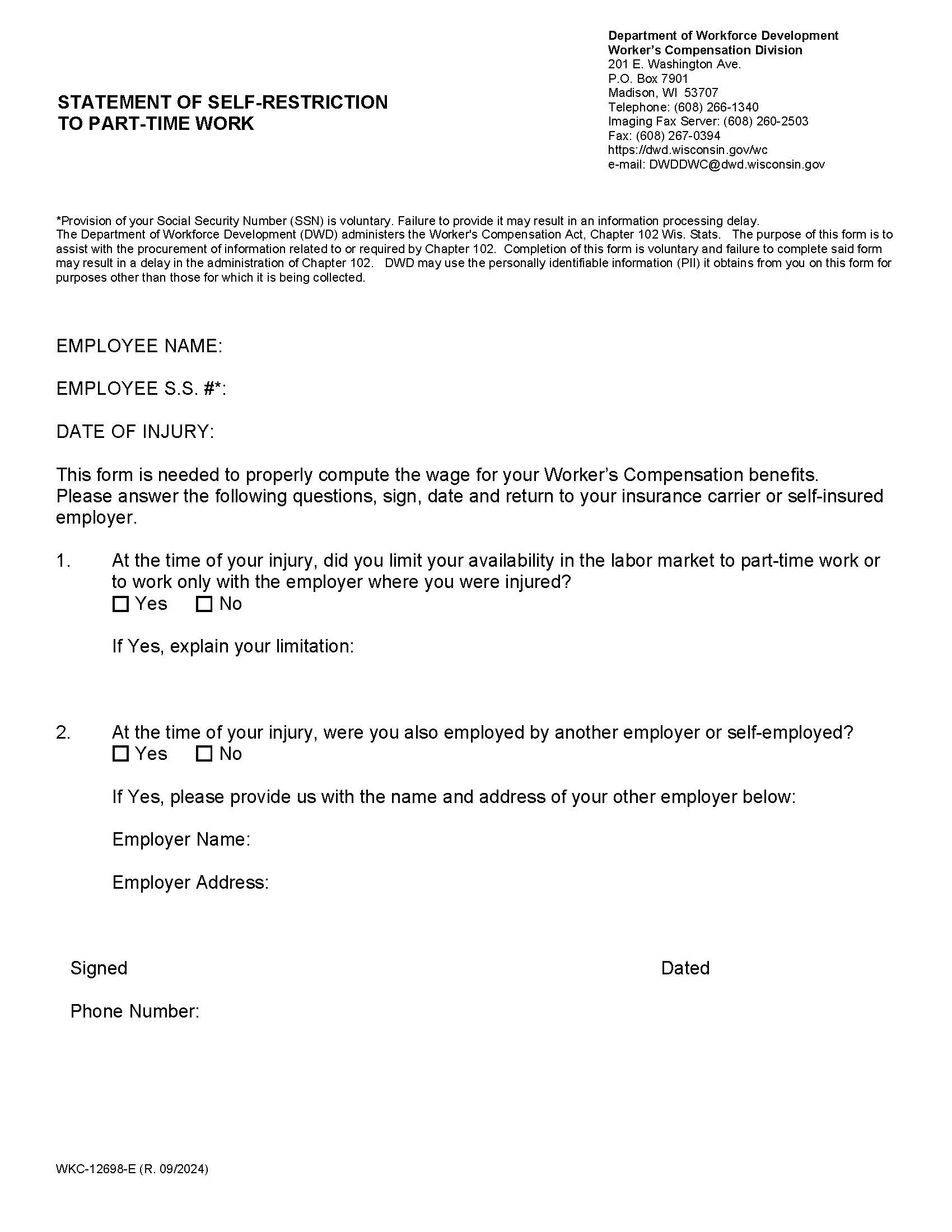 Statement Of Self Restriction To Part Time Work {WKC-12698} | Pdf Fpdf Docx | Wisconsin