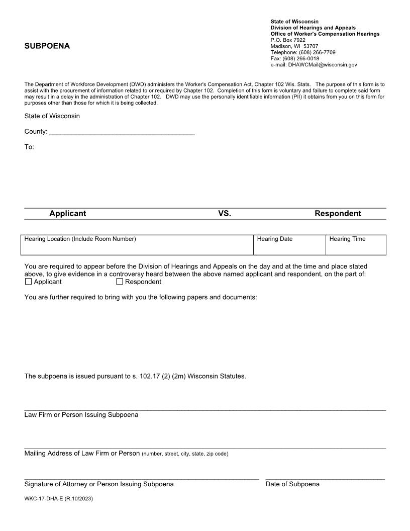 Subpoena {WKC-17} | Pdf Fpdf Docx | Wisconsin