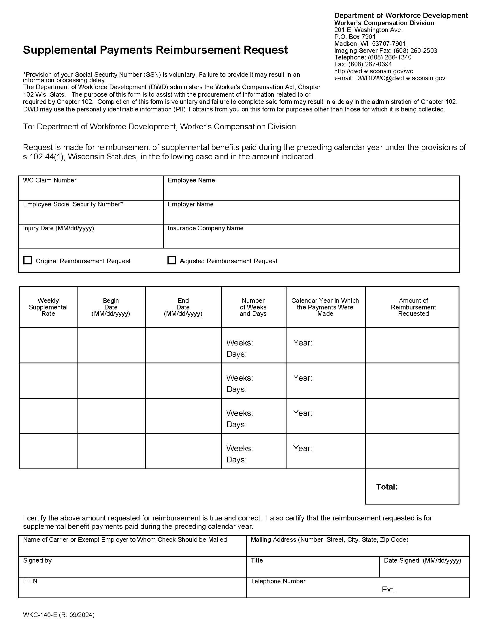 Supplemental Payments Reimbursement Request {WKC-140E} | Pdf Fpdf Docx | Wisconsin